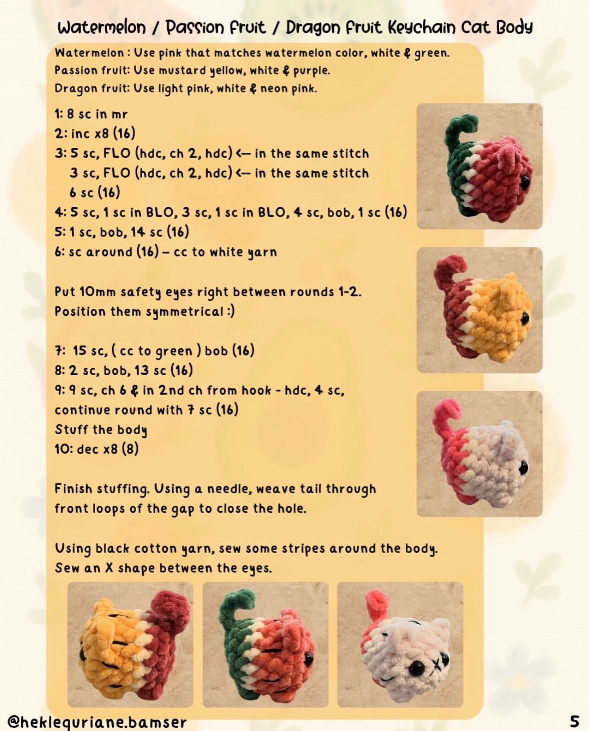 Free Pattern: Fruit Loaf Cats Keychain Amigurumi (Strawberry, Kiwi, Watermelon)