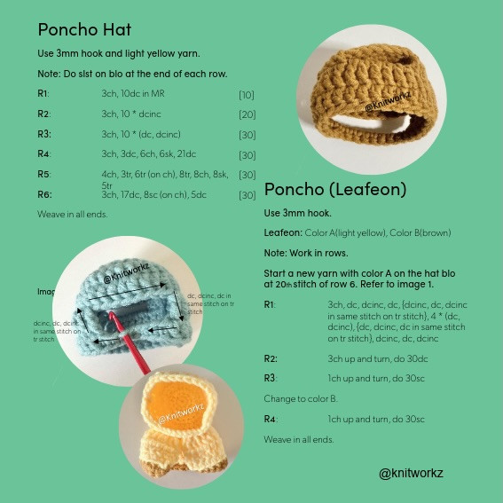 Free Pattern: Leafon Poncho with Pikachu Amigurumi Crochet Tutorial