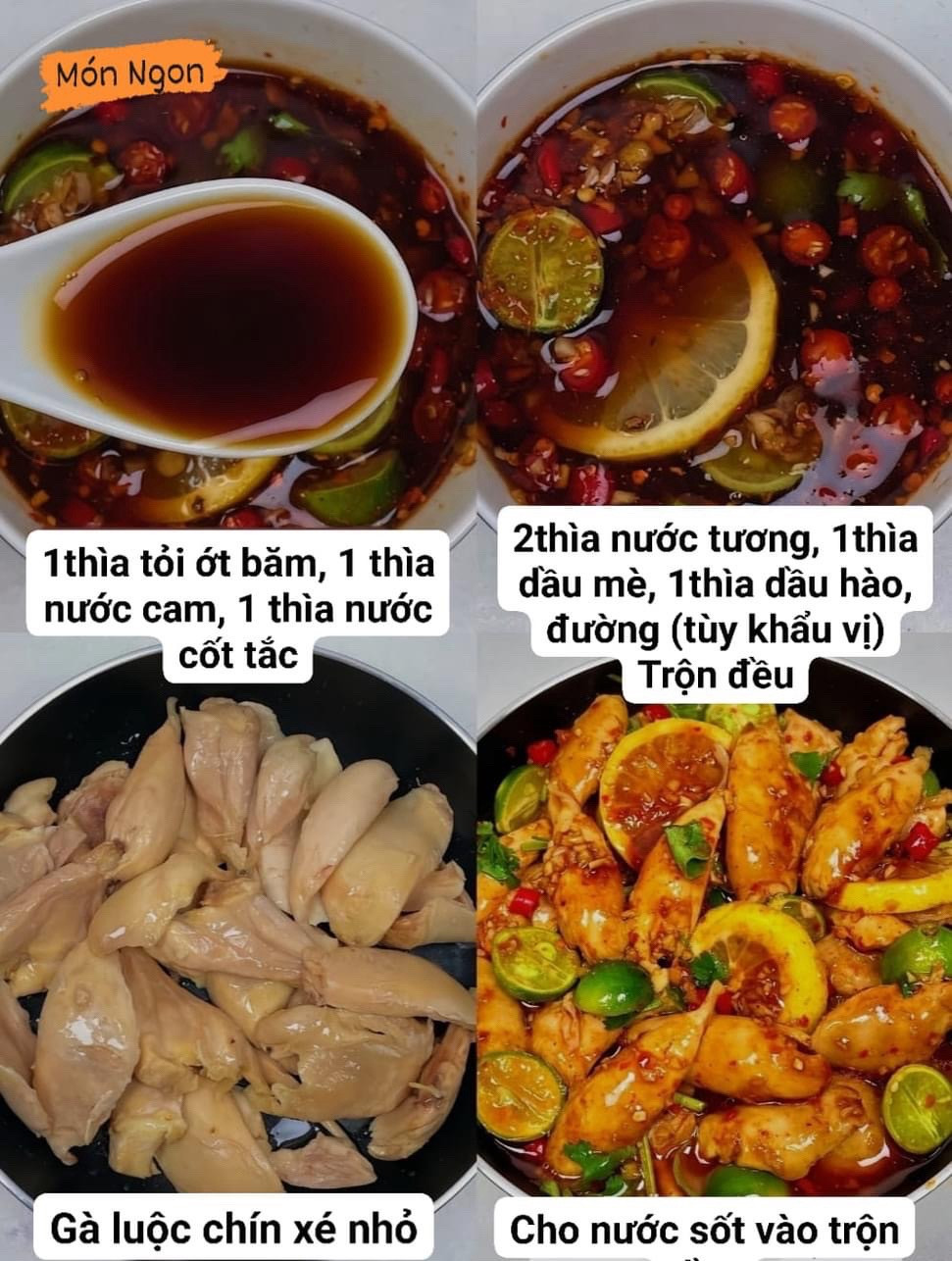 Gà sốt chanh: Cách làm món ngon gà luộc xé trộn với nước sốt chua cay, tỏi ớt và quất