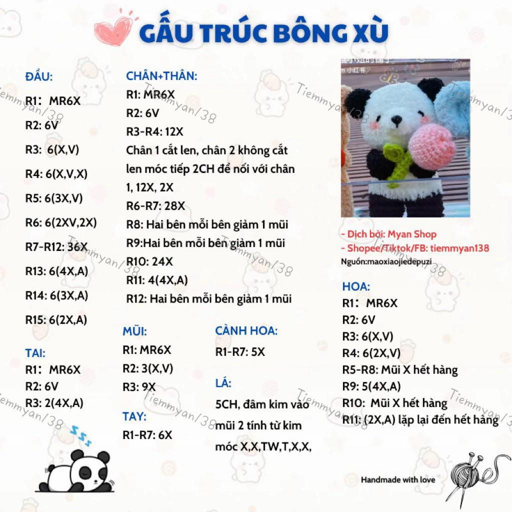 Gấu Trúc Bông Xù - Chart Móc Len Chi Tiết Từng Phần