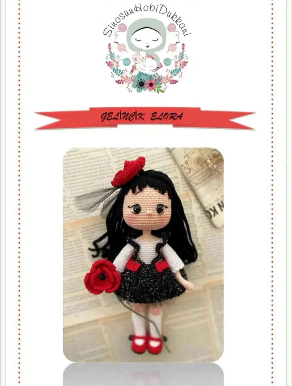 Gelinçik Elora Crochet Doll Pattern with Black Dress and Red Flower