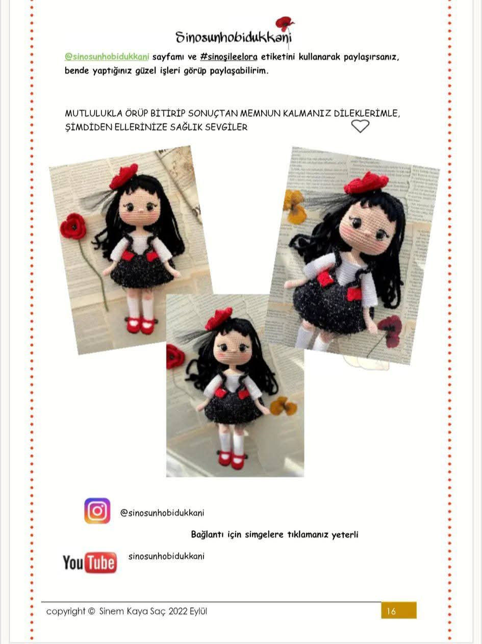 Gelinçik Elora Crochet Doll Pattern with Black Dress and Red Flower