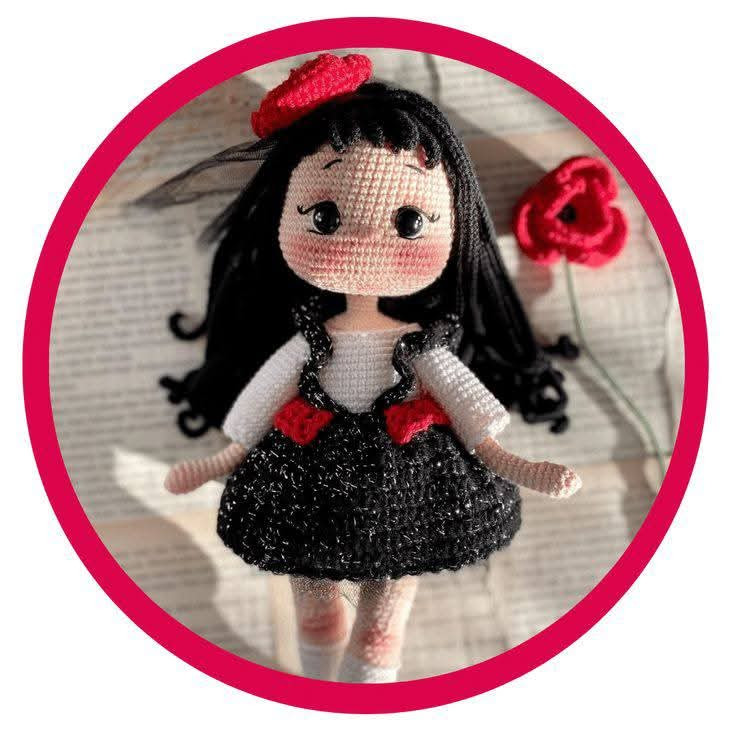 Gelinçik Elora Crochet Doll Pattern with Black Dress and Red Flower
