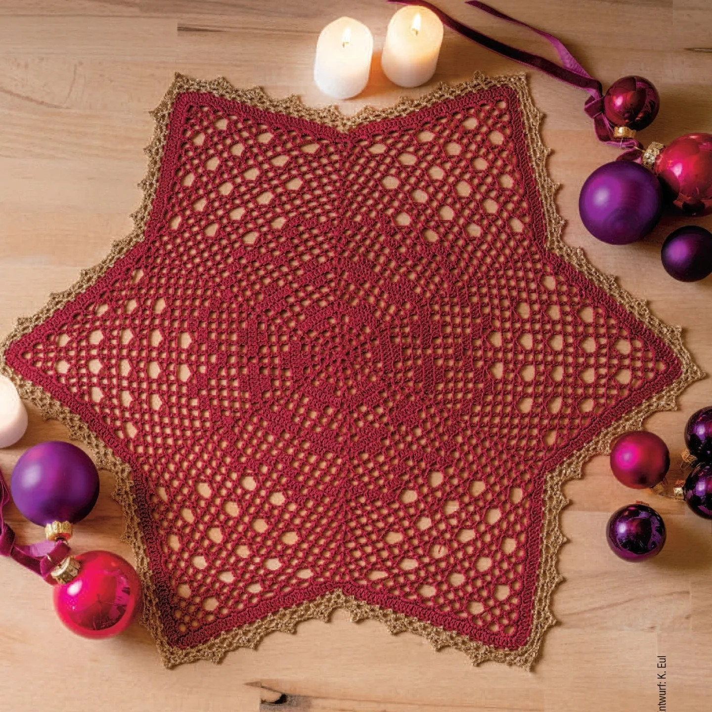 German Crochet Chart for Red and Gold Star-Shaped Doily with Picot Edging