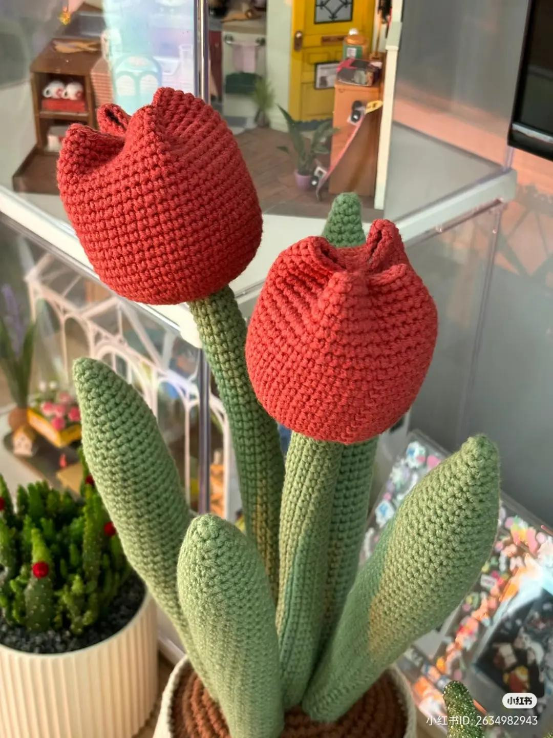 Giant Crochet Tulip Potted Plant Pattern with Smiley Face Pot