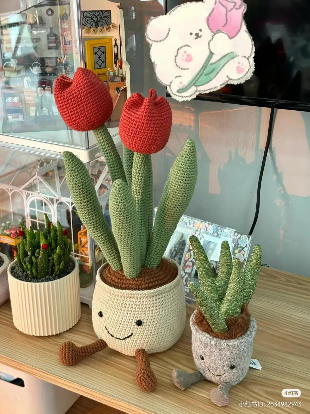 Giant Crochet Tulip Potted Plant Pattern with Smiley Face Pot