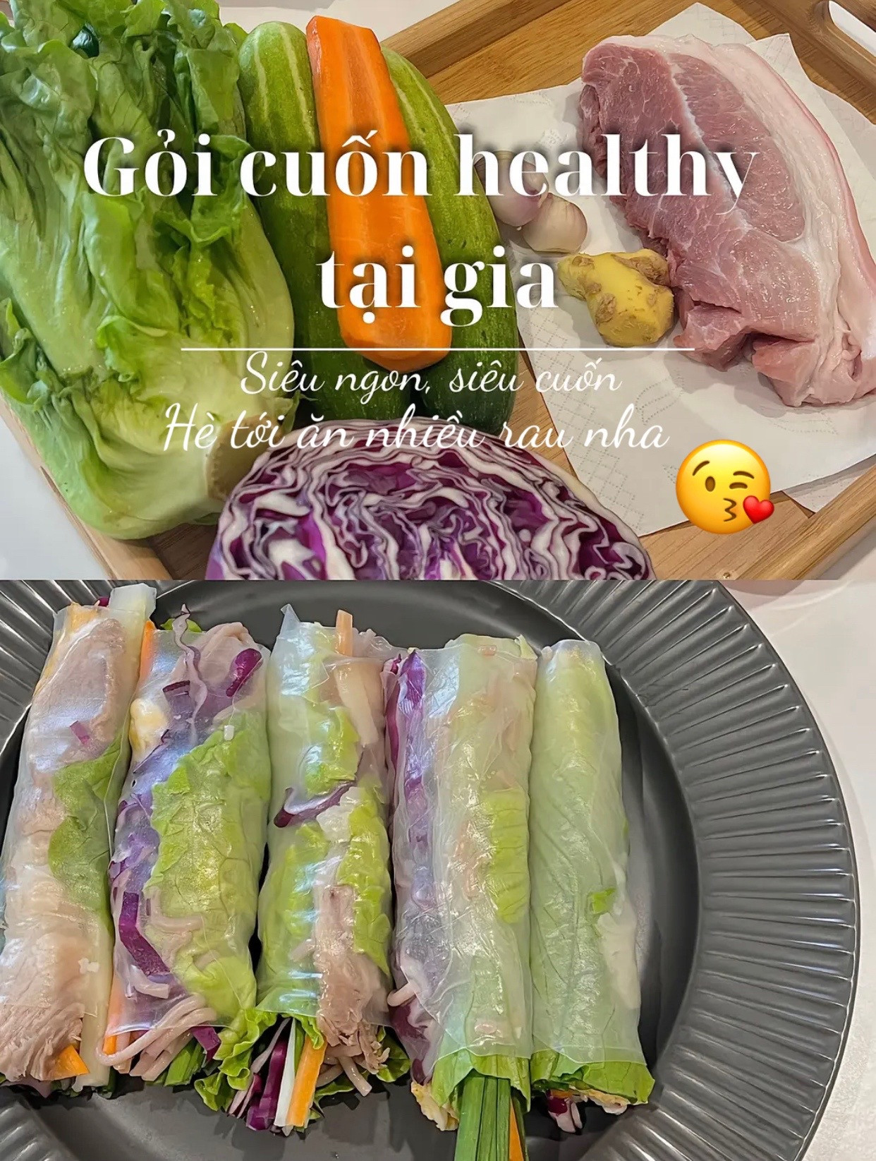 Gỏi cuốn healthy tại gia với thịt heo luộc, rau củ tươi và trứng rán giòn