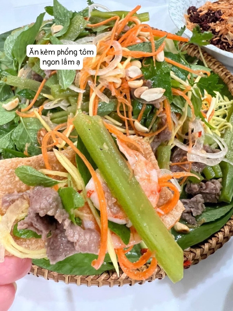 Gỏi rau tiến vua trộn tôm thịt, bò xào và cơm tôm cháy hành phi