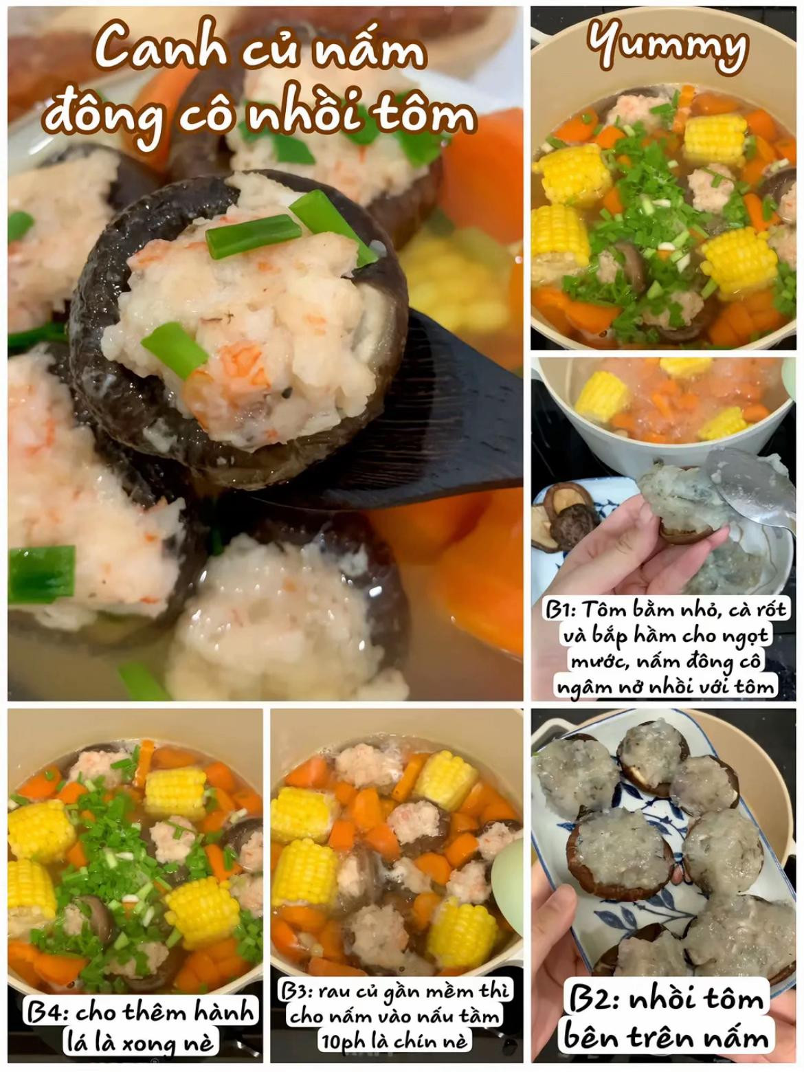 Gợi ý 4 món ngon từ tôm: Canh nấm đông cô nhồi tôm, khoai tây bọc tôm, rong biển cuộn tôm và bơ tỏi xào tôm