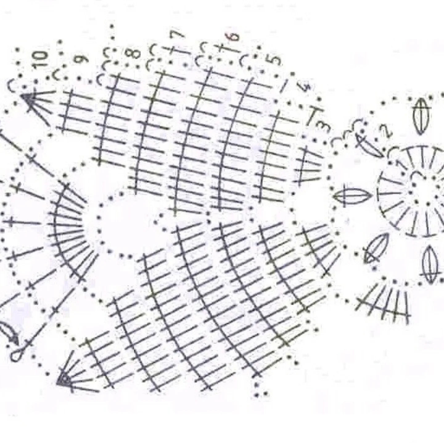 Gợi ý đồ trang trí handmade: Bộ mẫu móc len (crochet chart) khăn trải bàn hình tròn tinh xảo với các màu xanh dương, trắng và kem