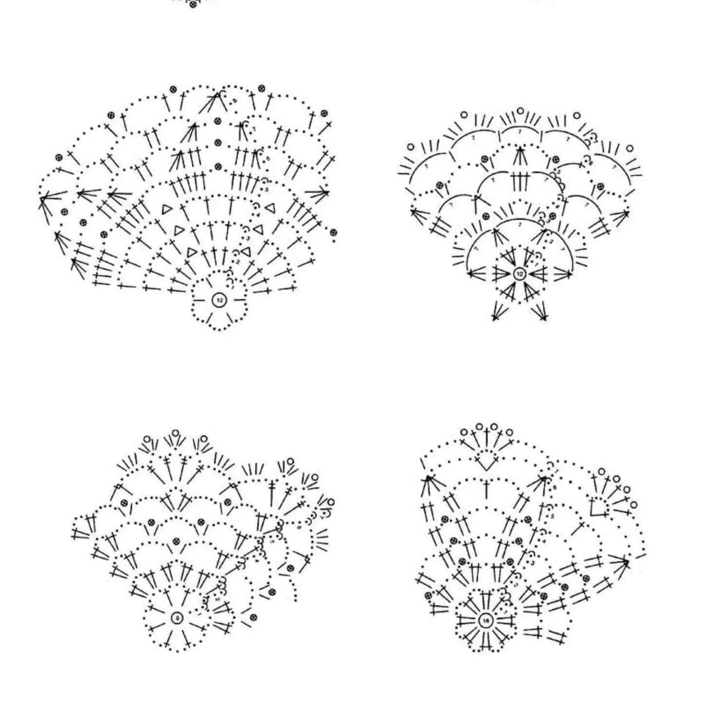 Gợi ý đồ trang trí handmade: Bộ mẫu móc len (crochet chart) khăn trải bàn hình tròn tinh xảo với các màu xanh dương, trắng và kem