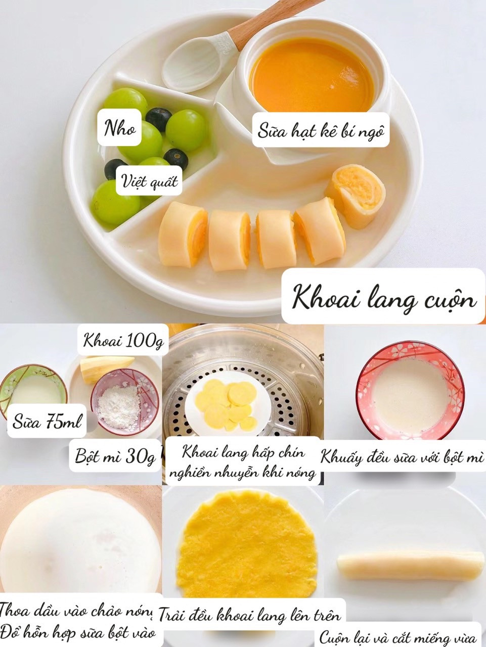 Gợi ý thực đơn bữa sáng cho bé: Khoai lang cuộn, Bánh bí ngô, Trứng tôm cuộn và khoai tây chiên