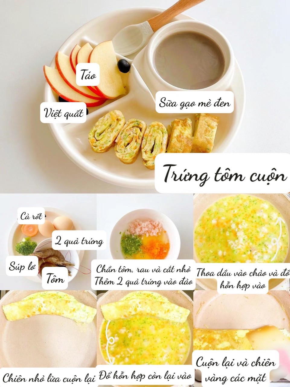 Gợi ý thực đơn bữa sáng cho bé: Khoai lang cuộn, Bánh bí ngô, Trứng tôm cuộn và khoai tây chiên