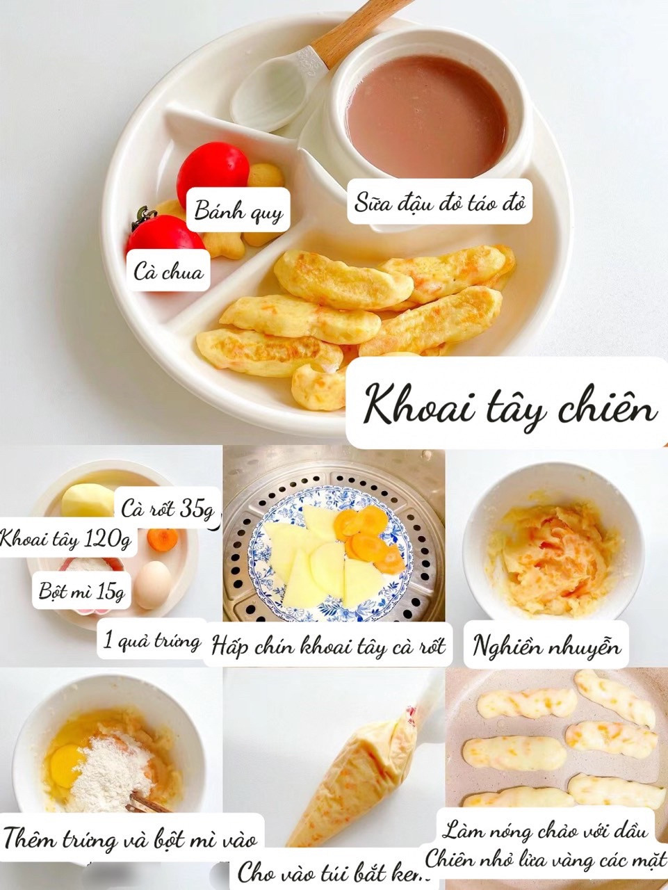 Gợi ý thực đơn bữa sáng cho bé: Khoai lang cuộn, Bánh bí ngô, Trứng tôm cuộn và khoai tây chiên