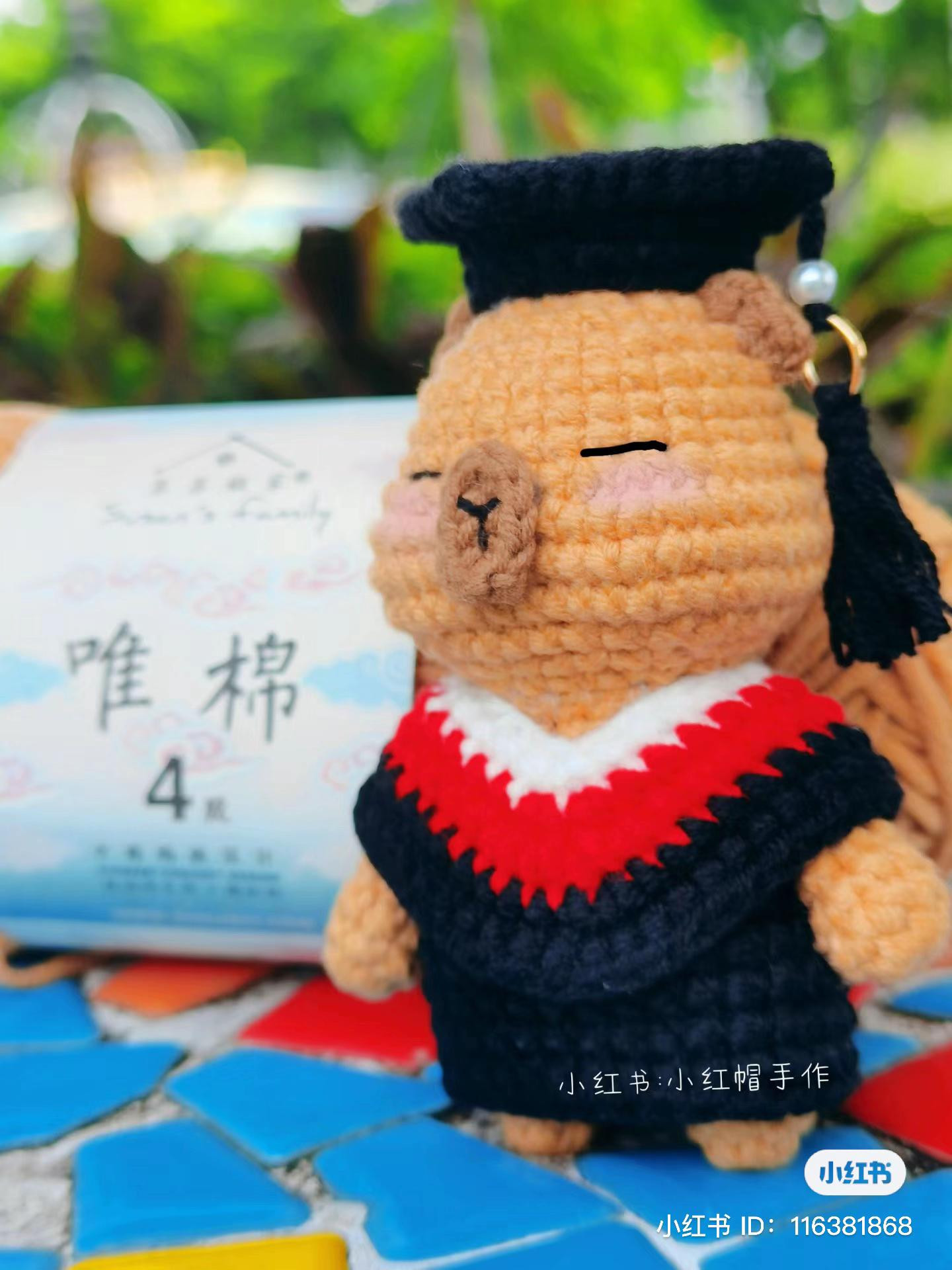 Graduation Capybara Amigurumi Crochet Pattern: Cute Tan Bear Doll in Academic Gown with Red Trim and Black Hat