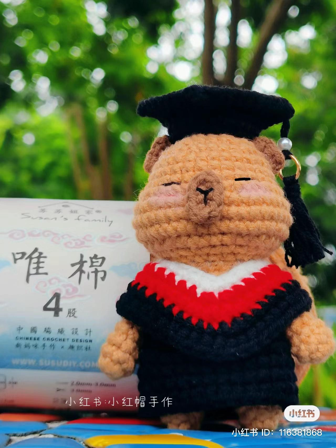 Graduation Capybara Amigurumi Crochet Pattern: Cute Tan Bear Doll in Academic Gown with Red Trim and Black Hat