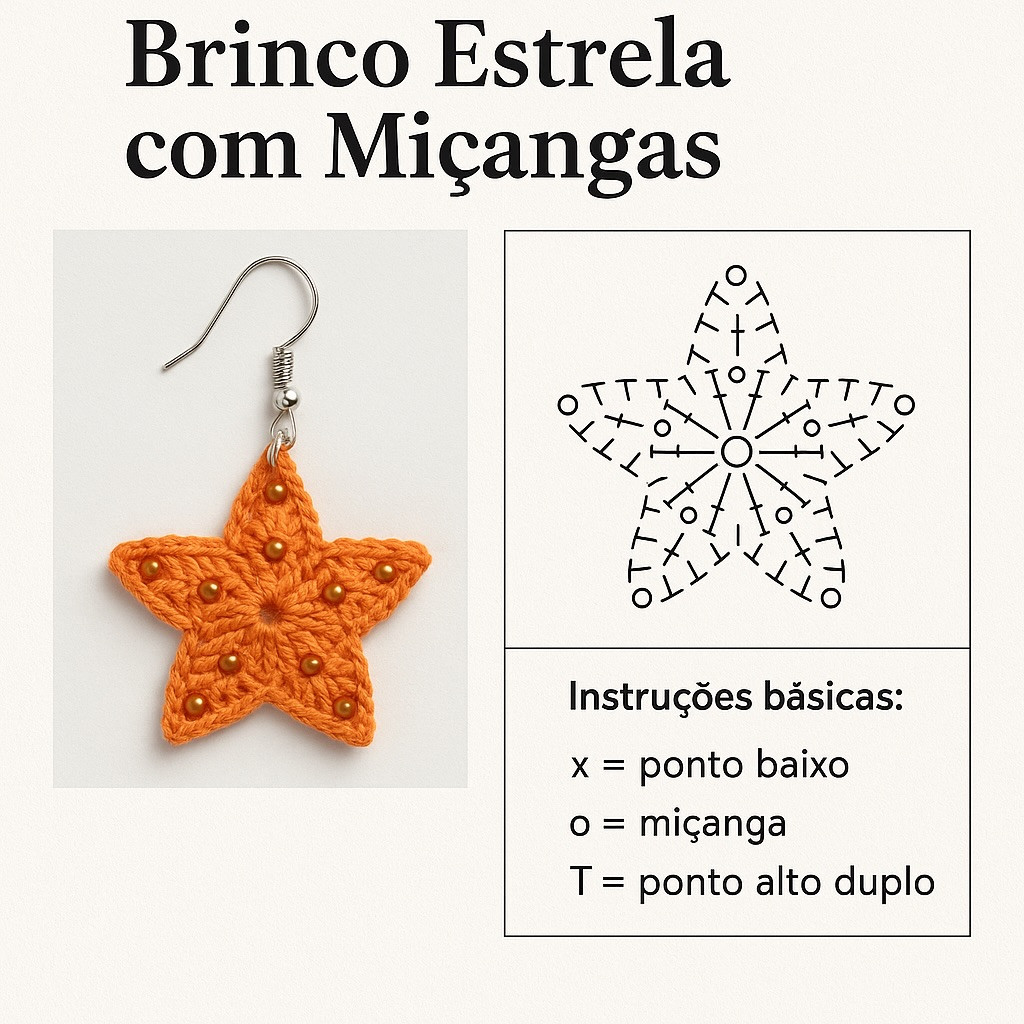 Gráficos de Crochê para Brincos: Estrela com Miçangas e Gota Rendada