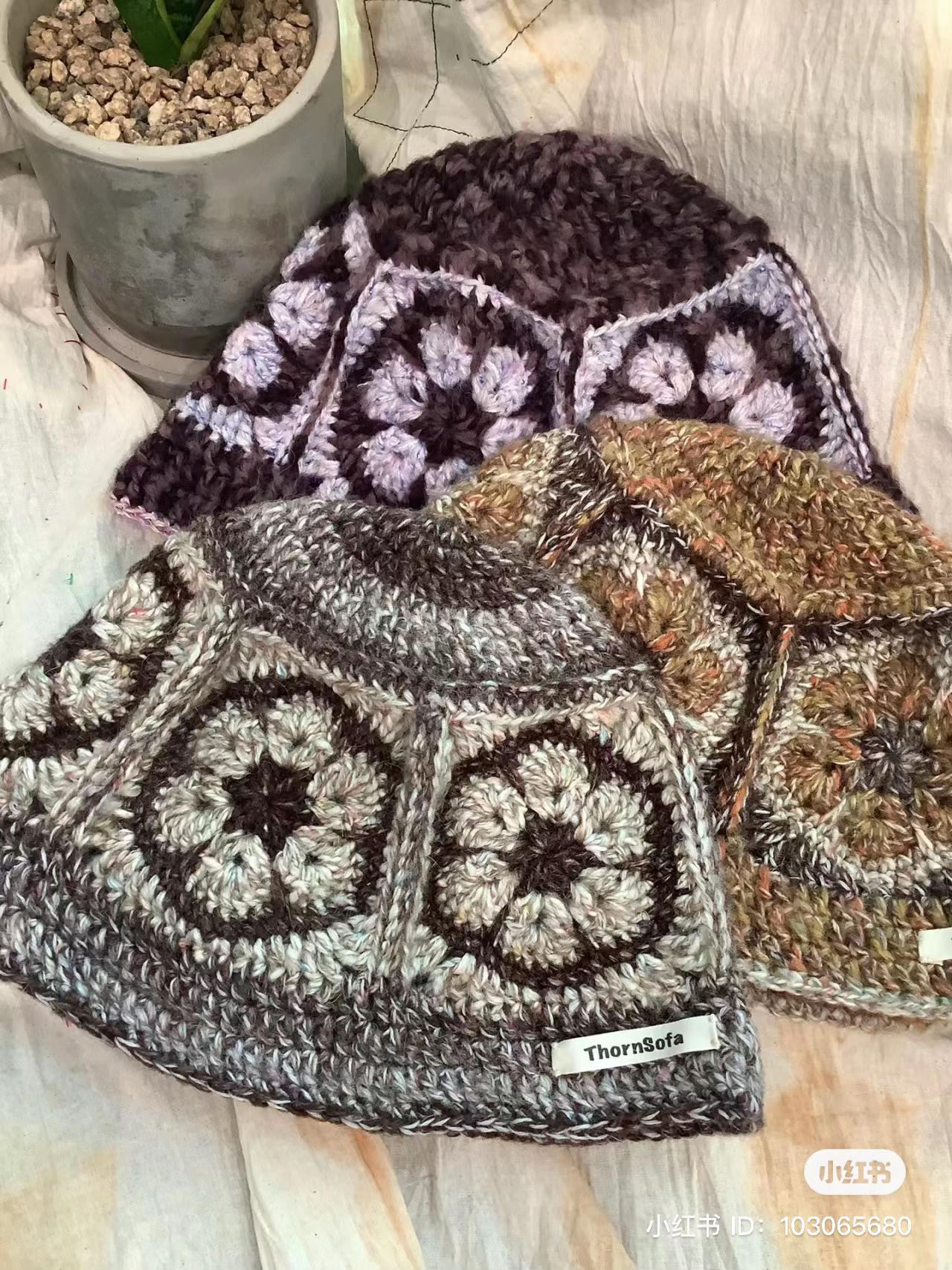 Grandmother's Square Crochet Bucket Hat Pattern: Free Chart for Mohair Yarn in Brown and Purple