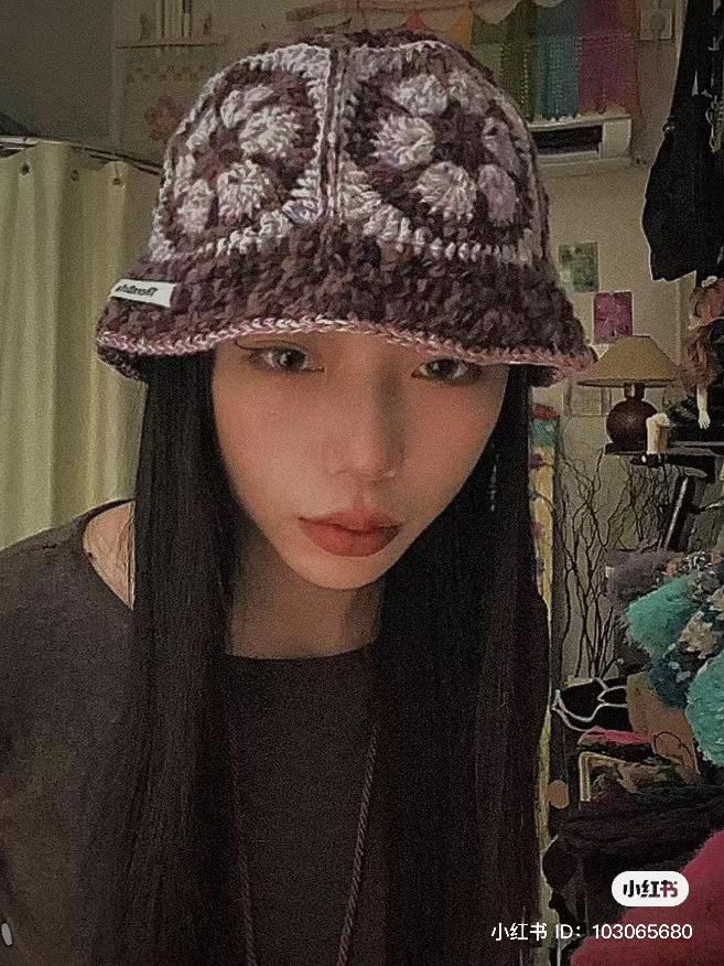 Grandmother's Square Crochet Bucket Hat Pattern: Free Chart for Mohair Yarn in Brown and Purple