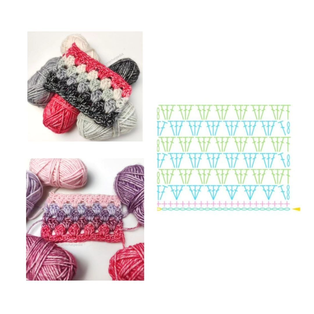 Granny Stripe Stitch Crochet Pattern Chart with Colorful Swatch Examples and Symbol Key