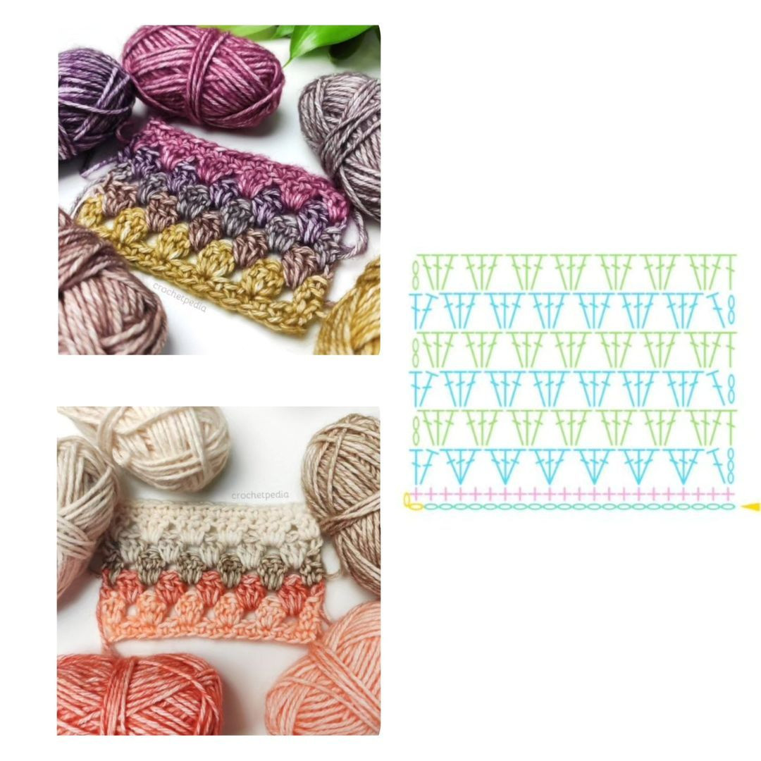 Granny Stripe Stitch Crochet Pattern Chart with Colorful Swatch Examples and Symbol Key