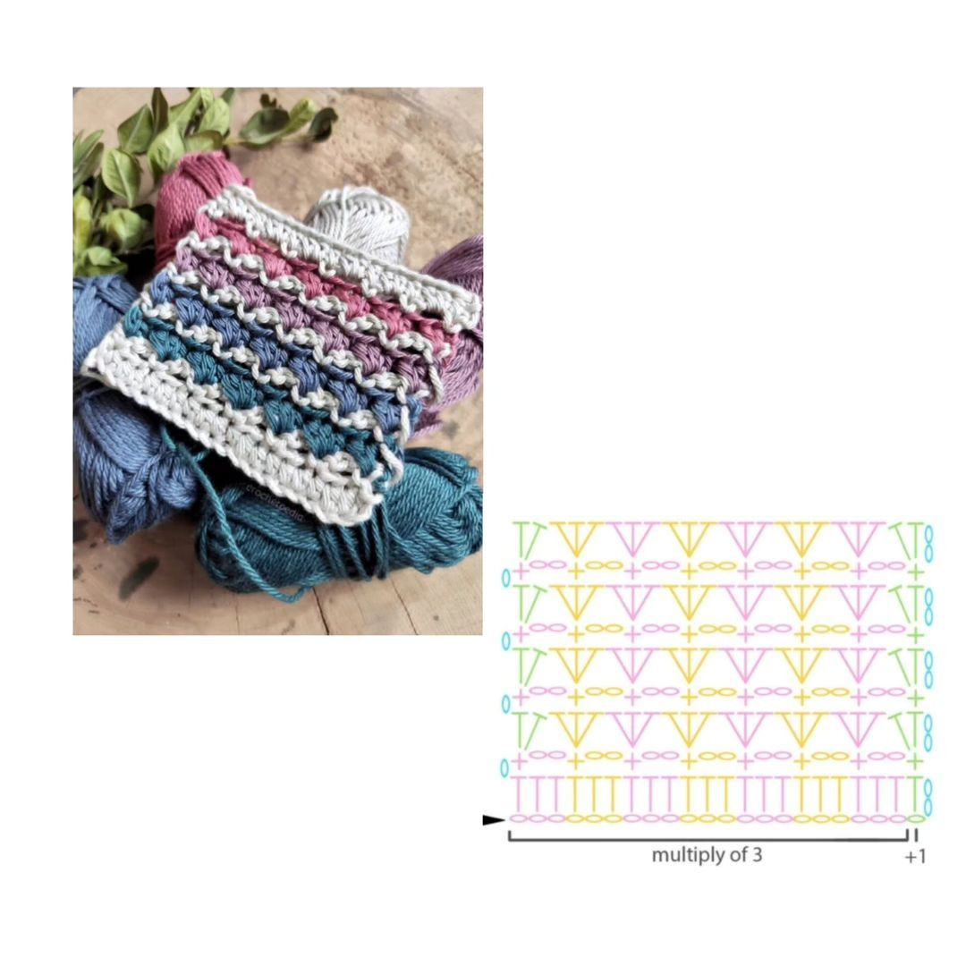 Granny Stripe Stitch Crochet Pattern Chart with Colorful Swatch Examples and Symbol Key