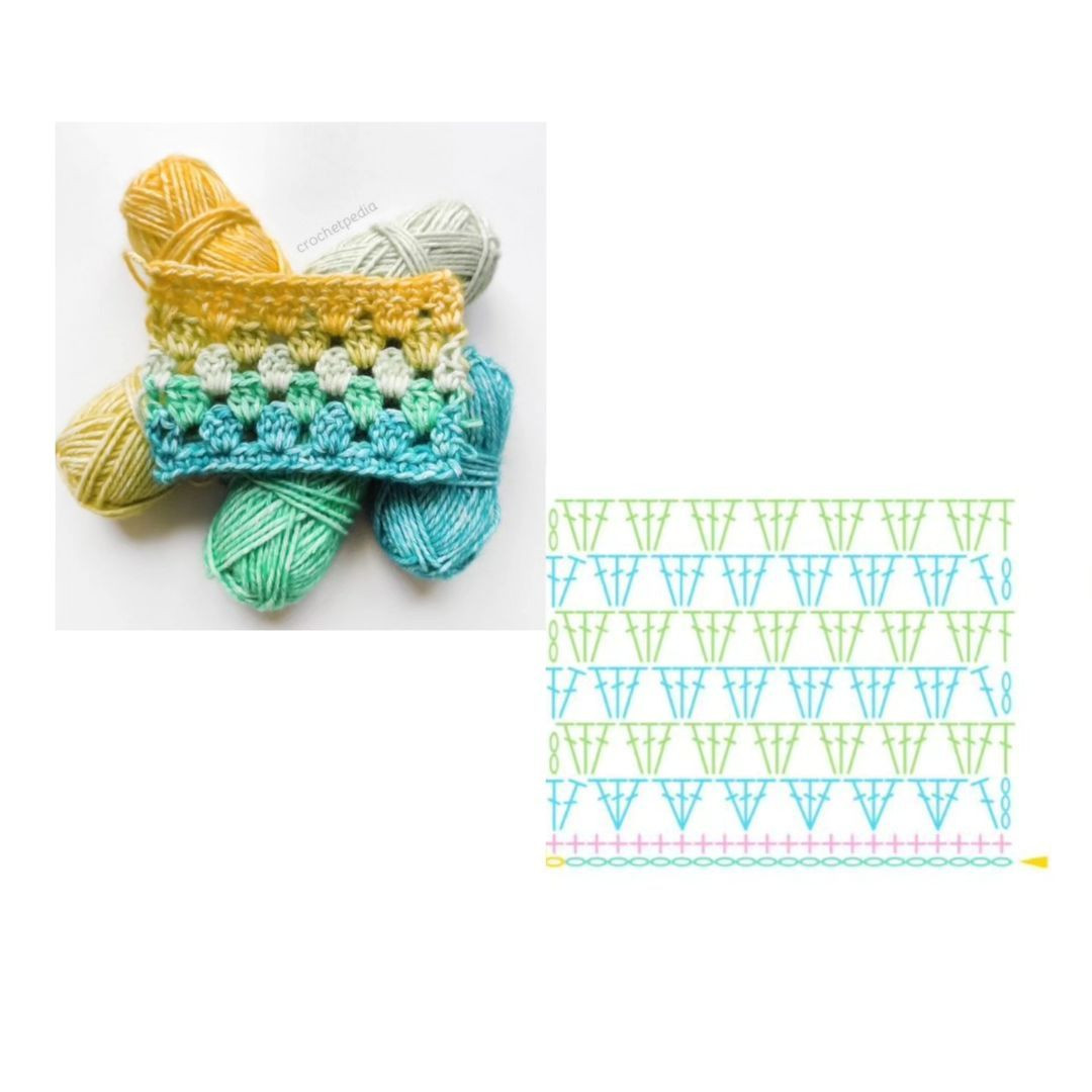 Granny Stripe Stitch Crochet Pattern Chart with Colorful Swatch Examples and Symbol Key