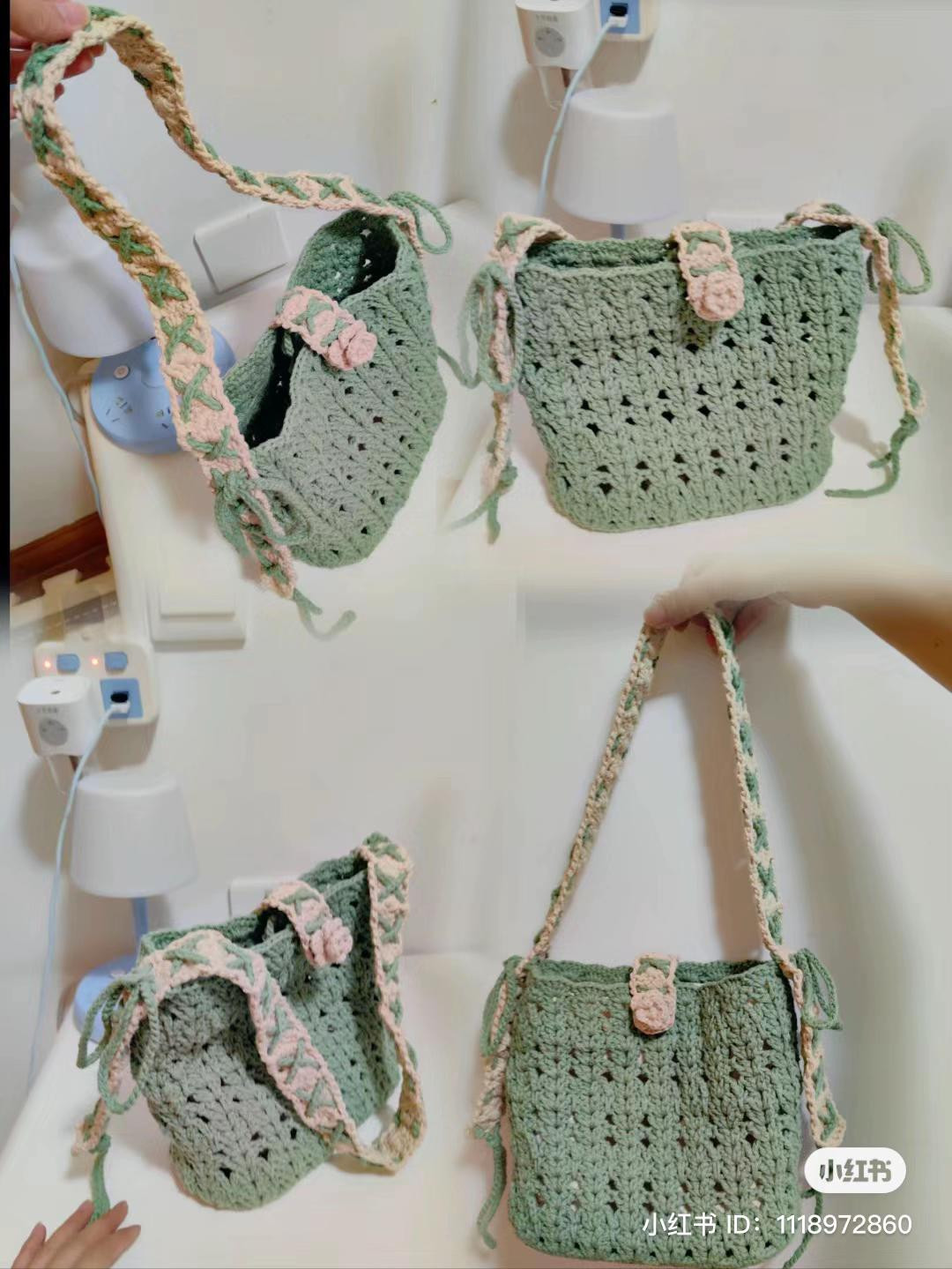 Green and Pink Crochet Bucket Bag Pattern Chart with Cross Stitch Strap Tutorial