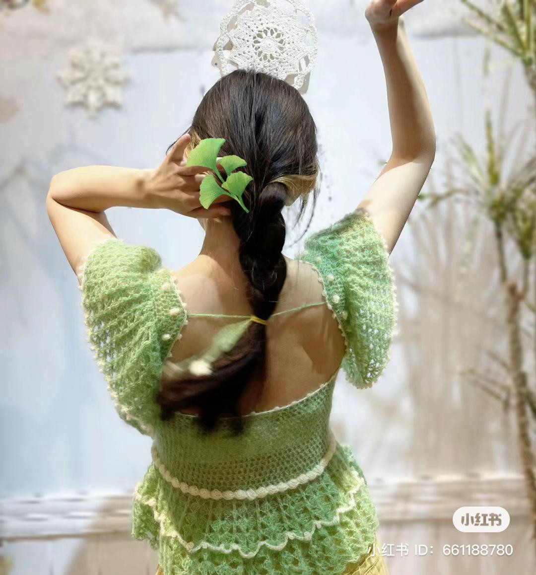 Green Crochet Flower Top Chart with Ruffle Sleeves and Peplum