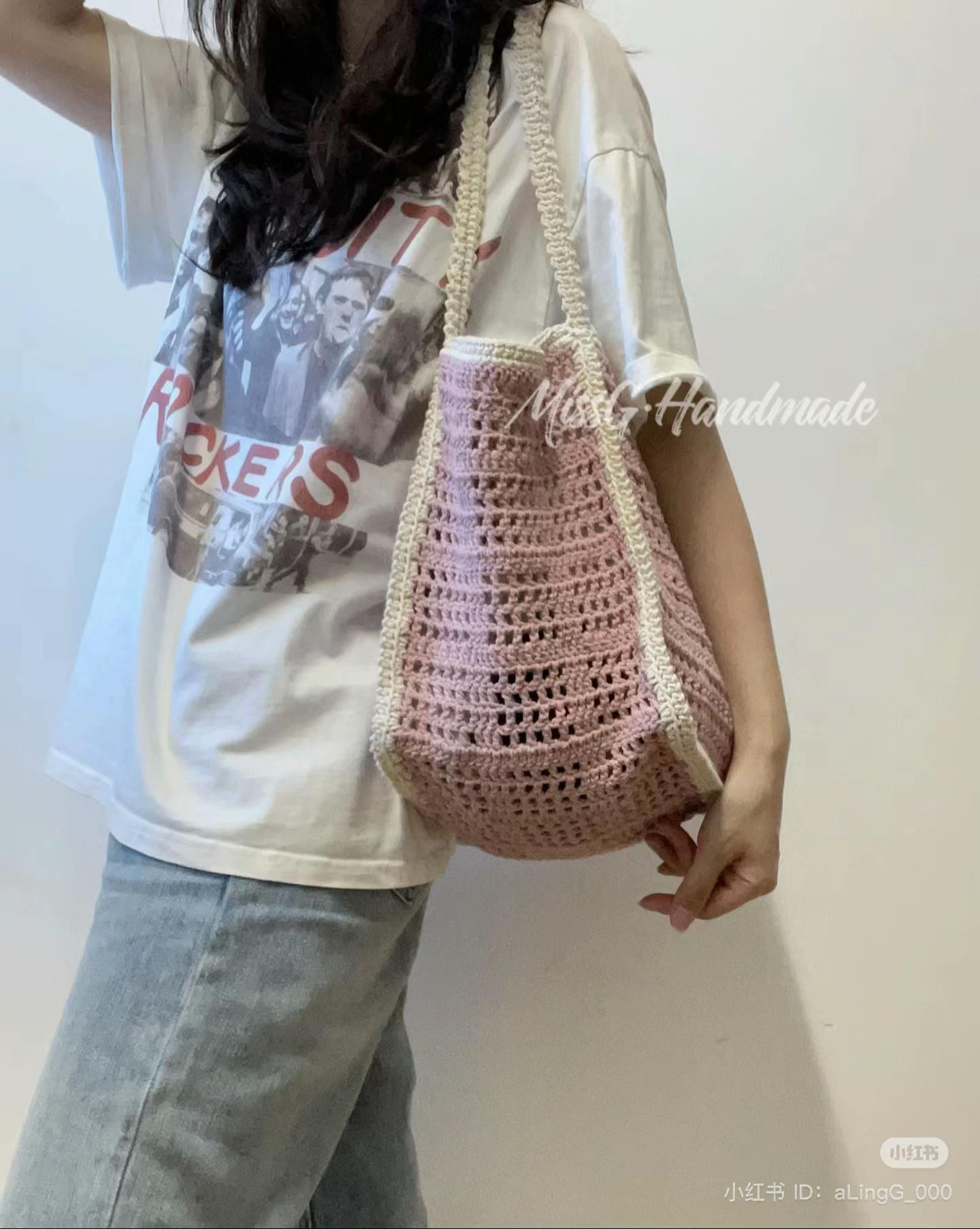 Grey-pink Color-blocked Waffle Mesh Crochet Tote Bag Pattern Chart