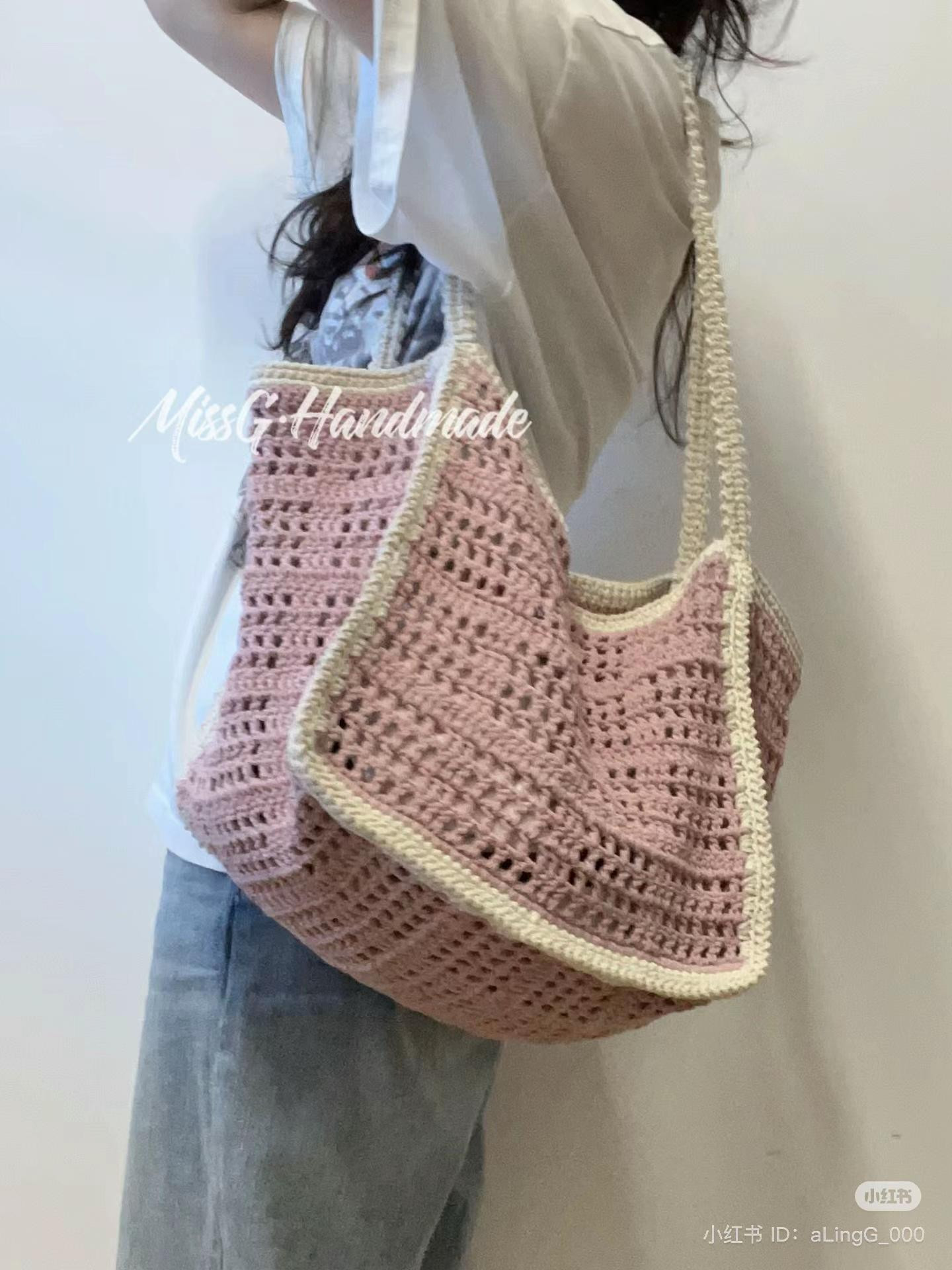 Grey-pink Color-blocked Waffle Mesh Crochet Tote Bag Pattern Chart