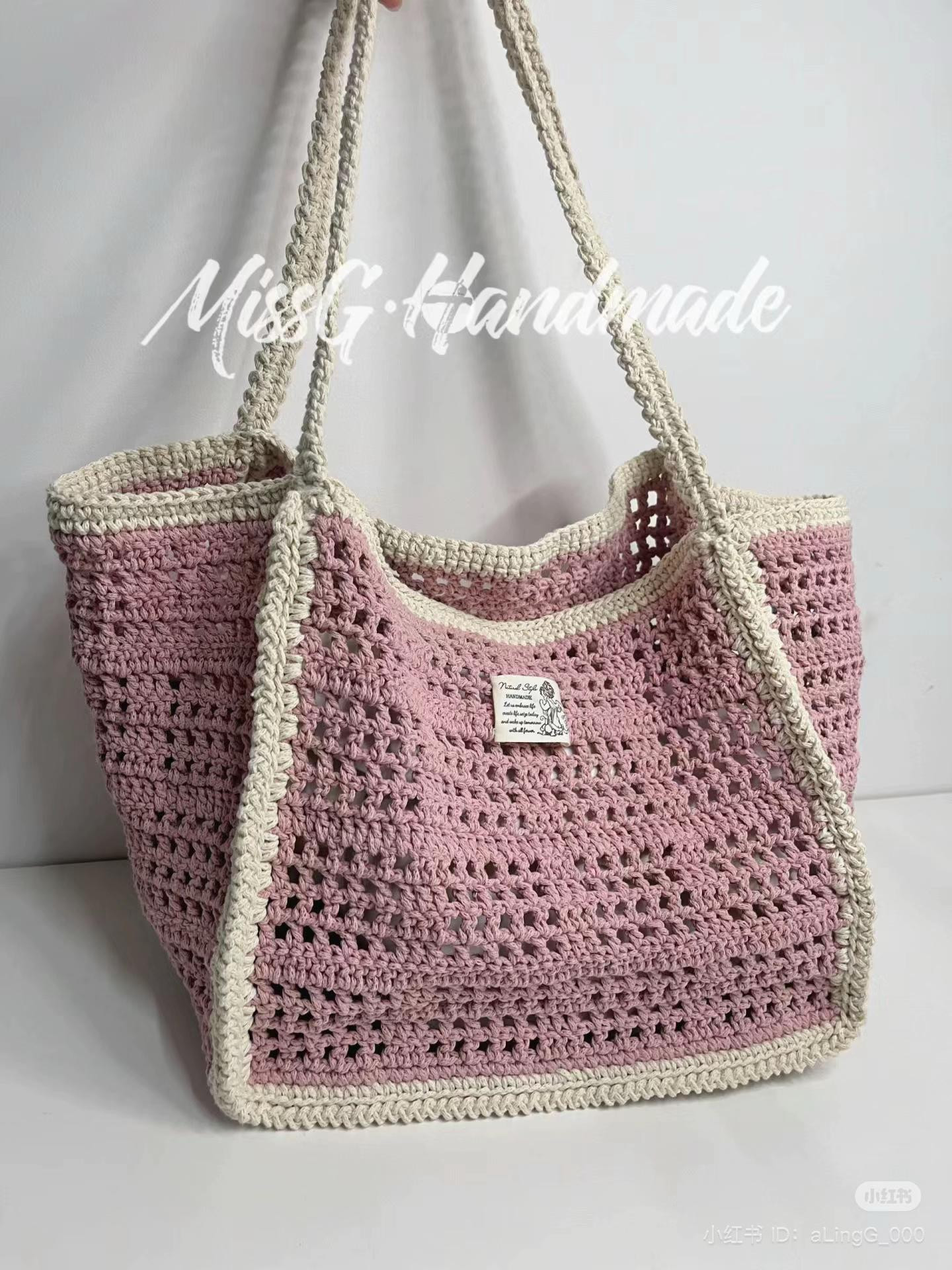 Grey-pink Color-blocked Waffle Mesh Crochet Tote Bag Pattern Chart