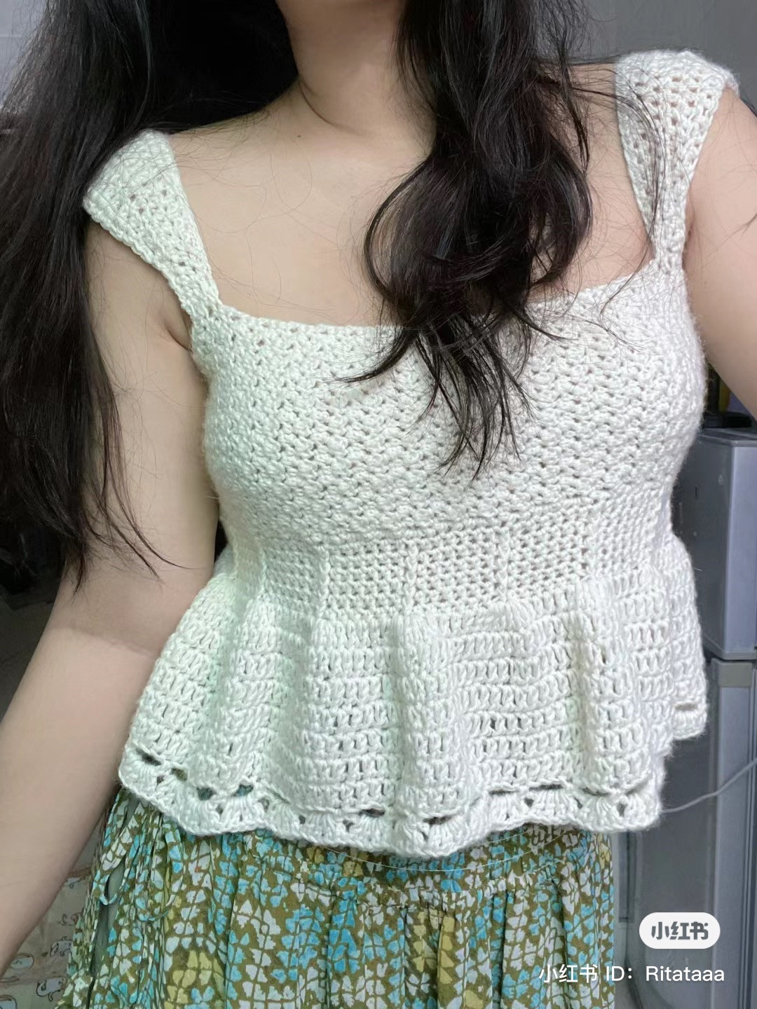 Grille Stitch Crochet Top Pattern: White Peplum Tank with Square Neck and Ruffled Hem