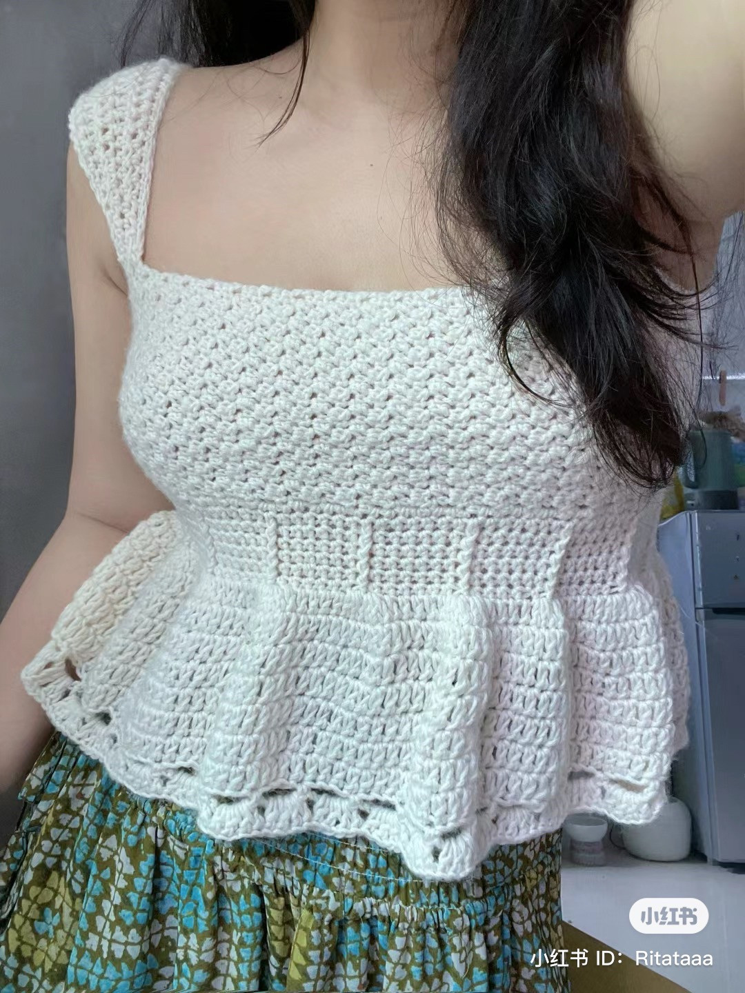 Grille Stitch Crochet Top Pattern: White Peplum Tank with Square Neck and Ruffled Hem
