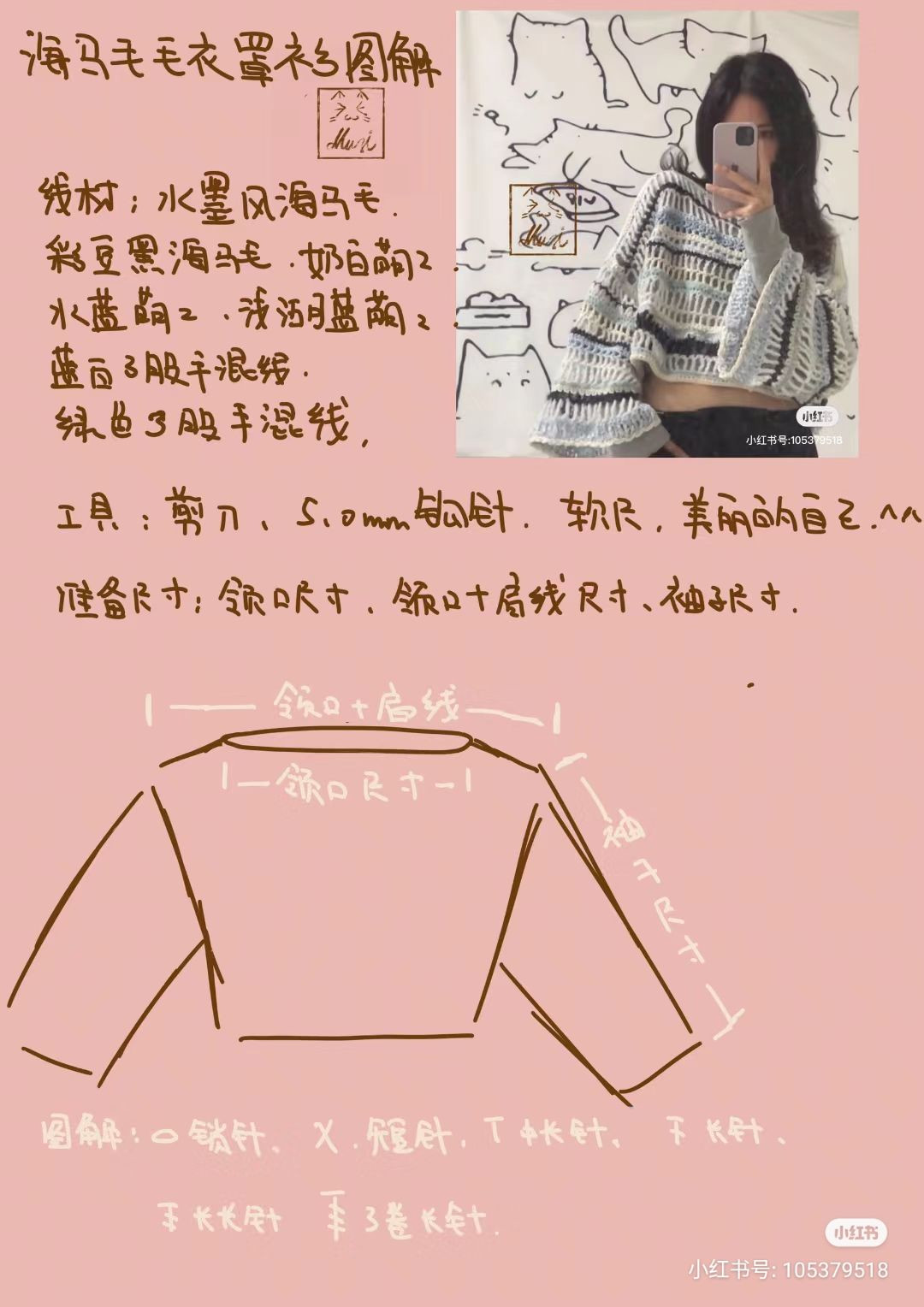 Hand-drawn Crochet Chart for Blue and White Striped Capelet