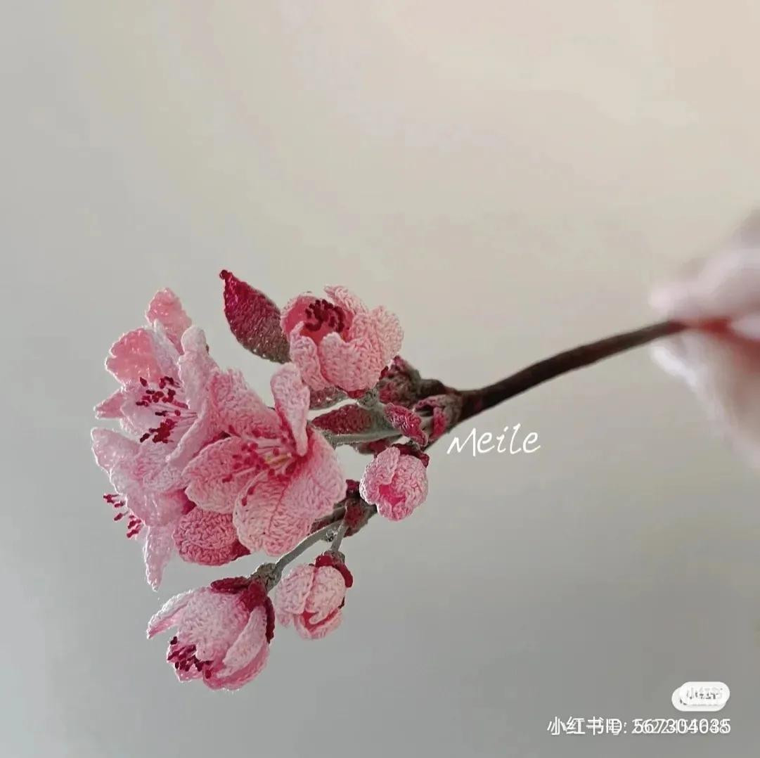 Hand-drawn Crochet Chart for Pink Cherry Blossom Branch with Buds and Leaves