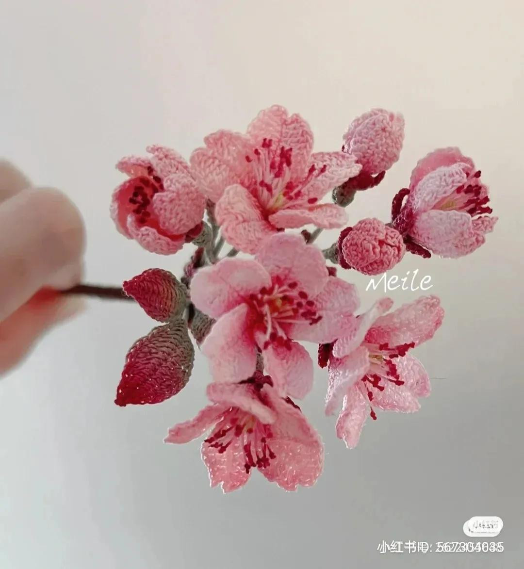 Hand-drawn Crochet Chart for Pink Cherry Blossom Branch with Buds and Leaves