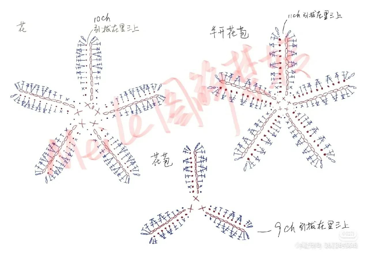 Hand-drawn Crochet Chart for Pink Cherry Blossom Branch with Buds and Leaves