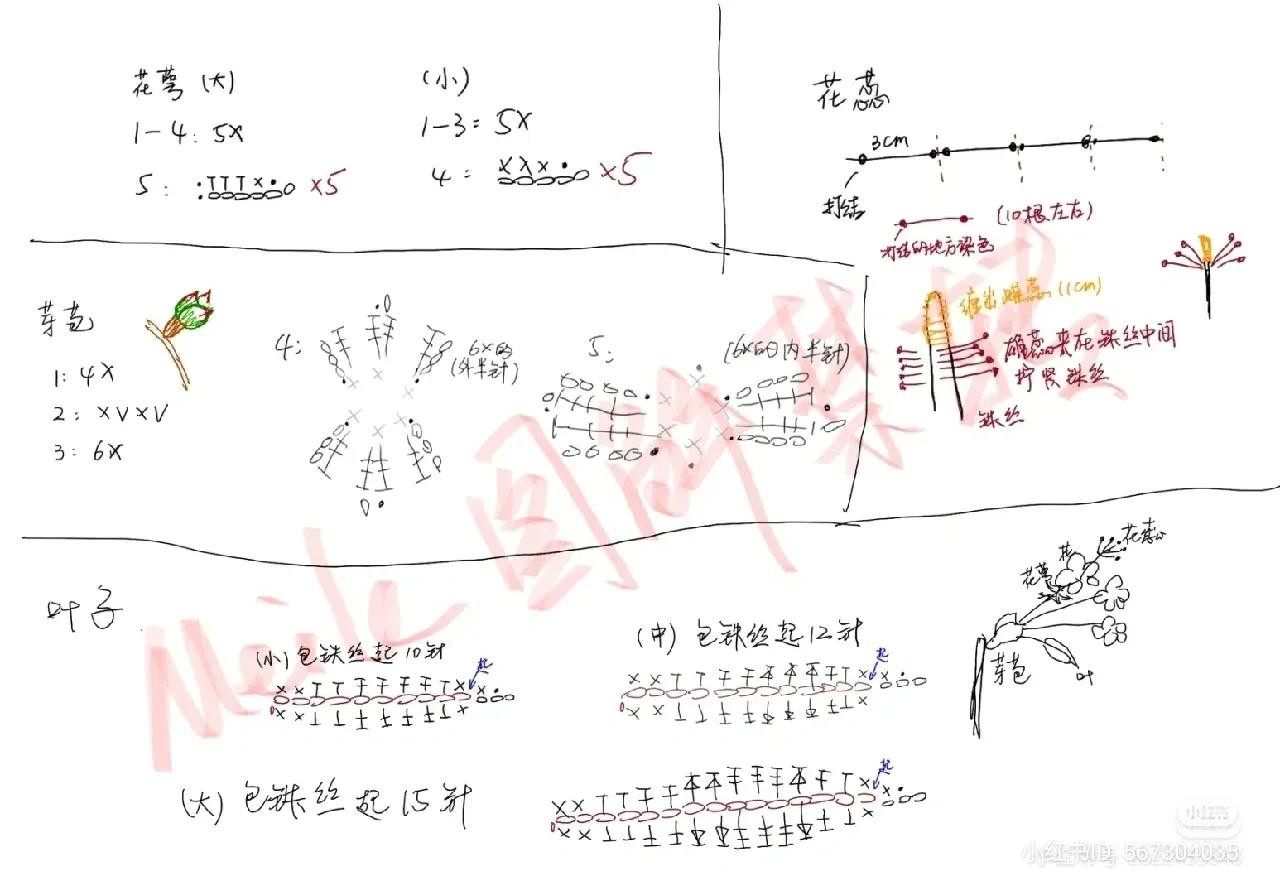 Hand-drawn Crochet Chart for Pink Cherry Blossom Branch with Buds and Leaves
