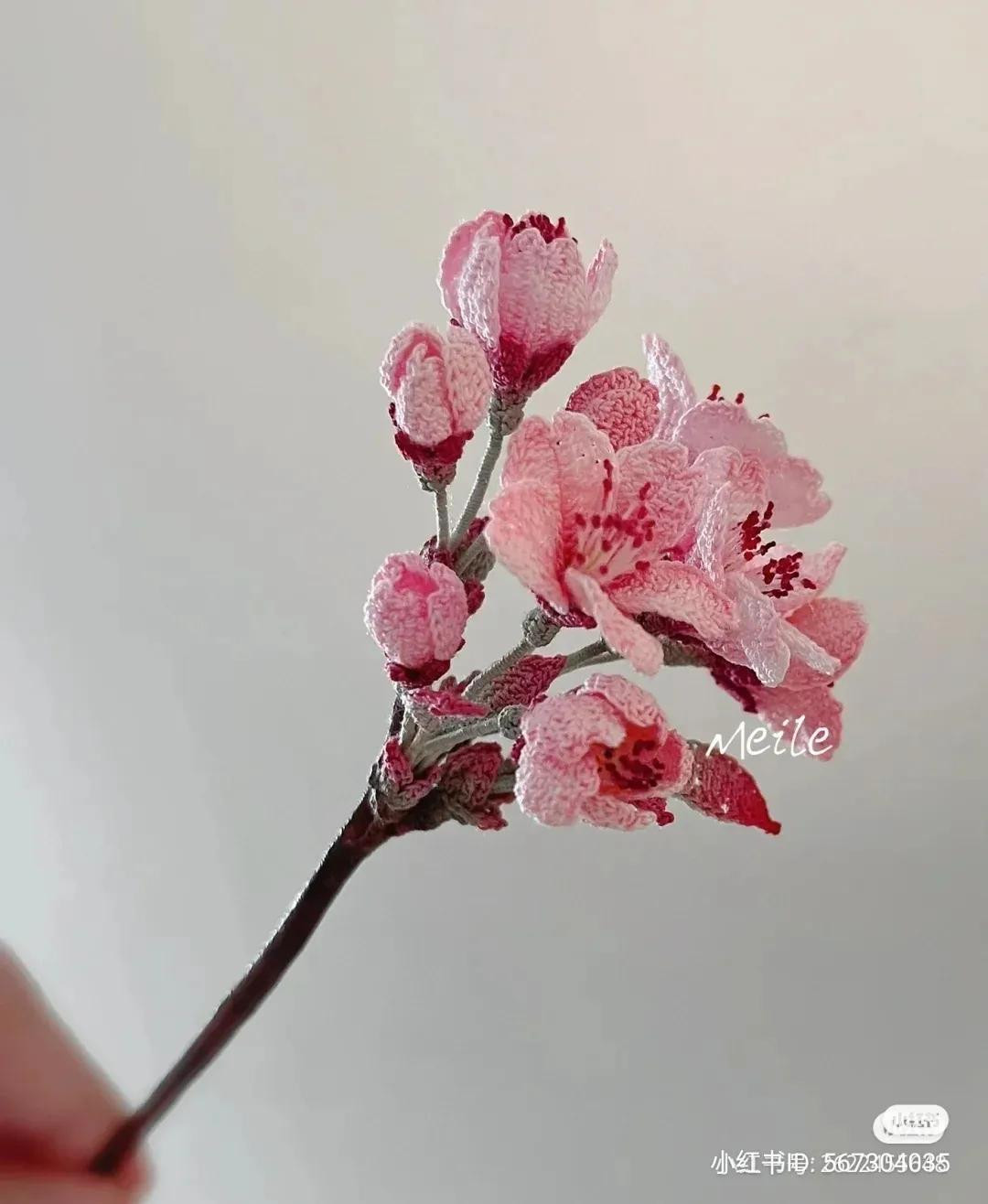 Hand-drawn Crochet Chart for Pink Cherry Blossom Branch with Buds and Leaves