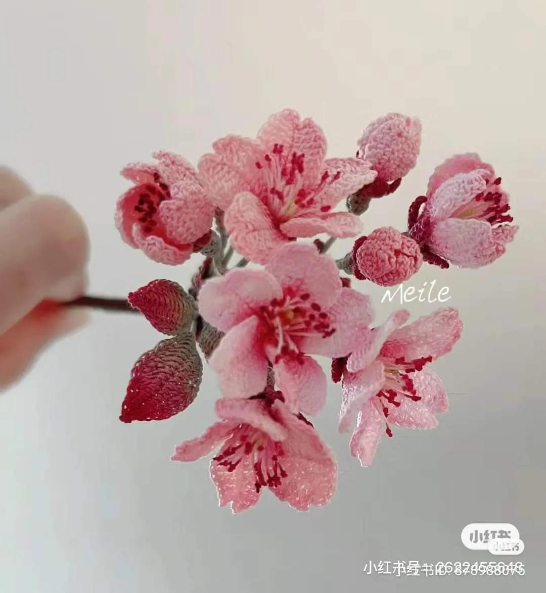 Hand-drawn Crochet Chart for Pink Cherry Blossom Branch with Buds and Leaves