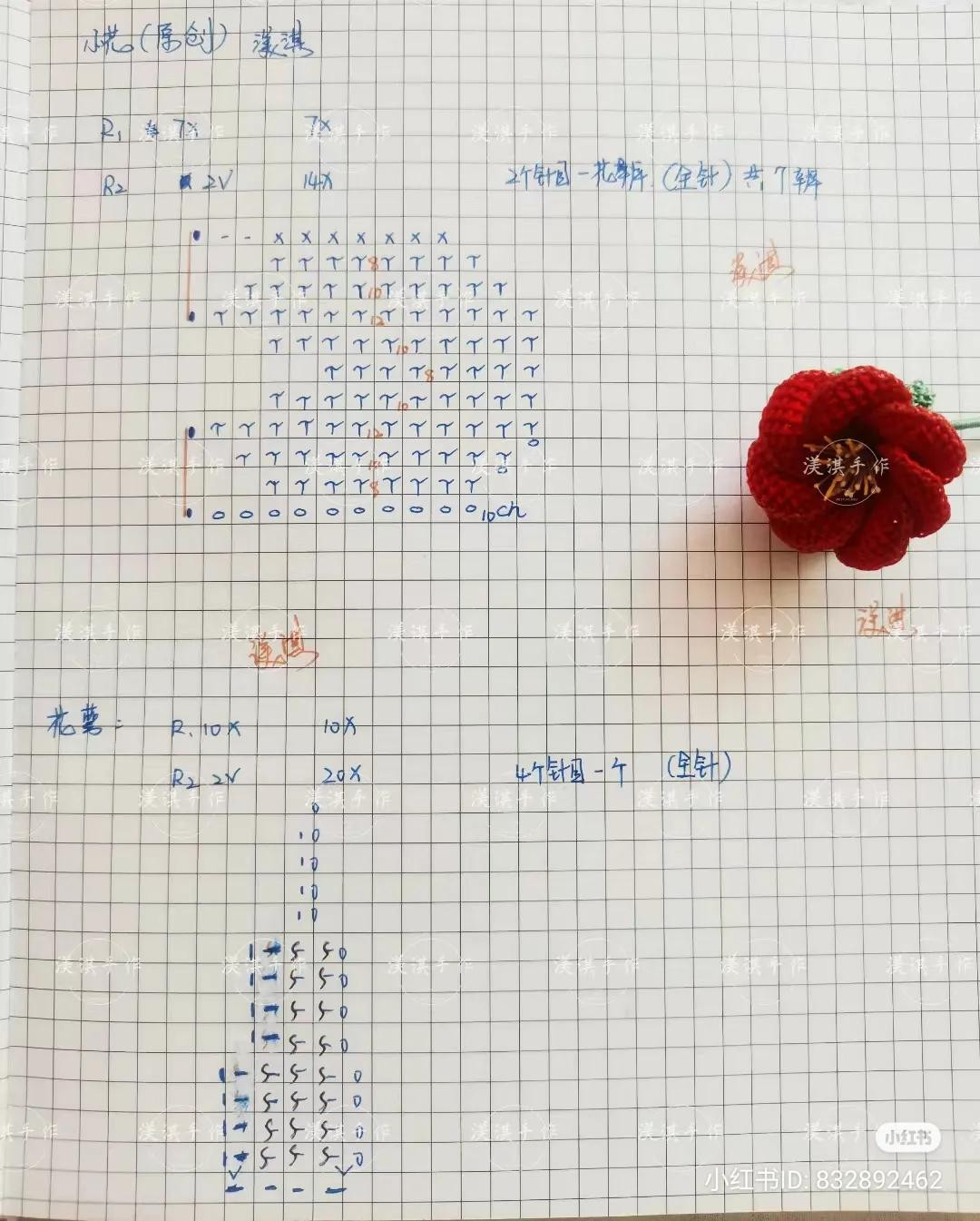 Hand-drawn Crochet Chart for Red Flower and Calyx
