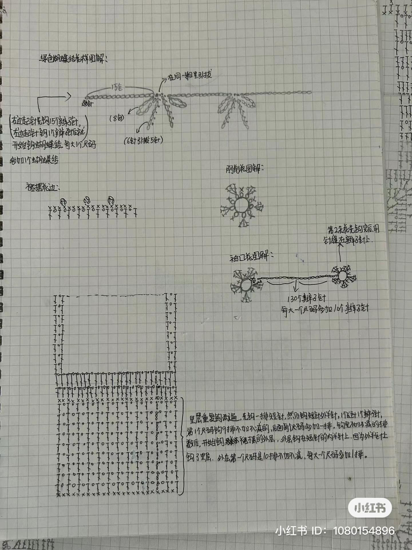 Hand-drawn crochet chart pattern for a baby dress with tiered ruffles and floral embroidery details