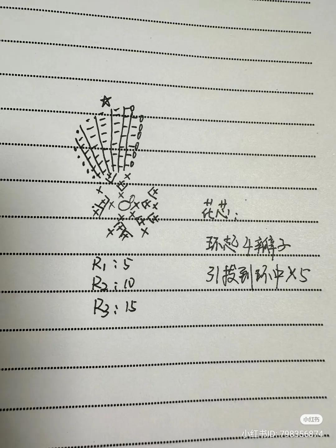 Hand-drawn crochet chart pattern for small flower petals and center