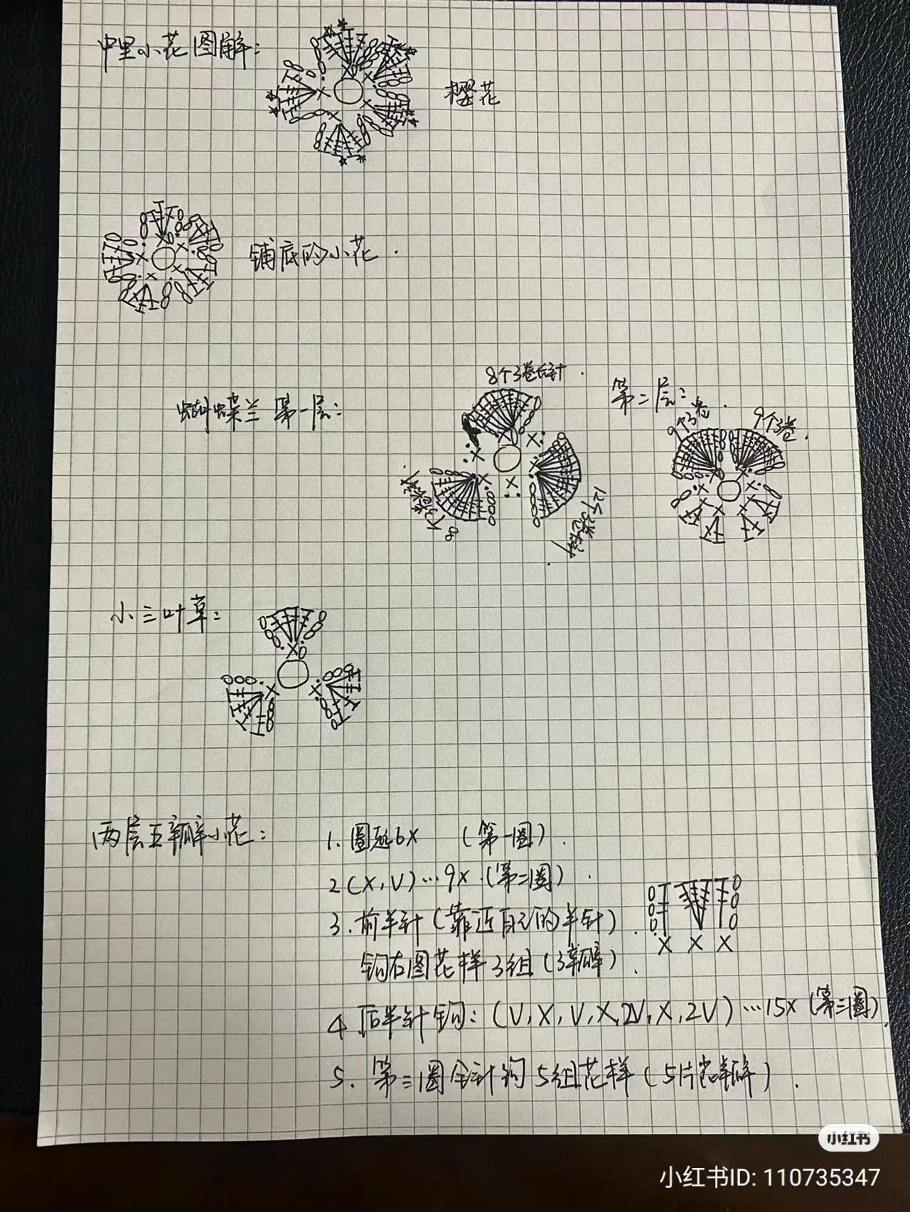Hand-drawn crochet flower chart patterns with pearls