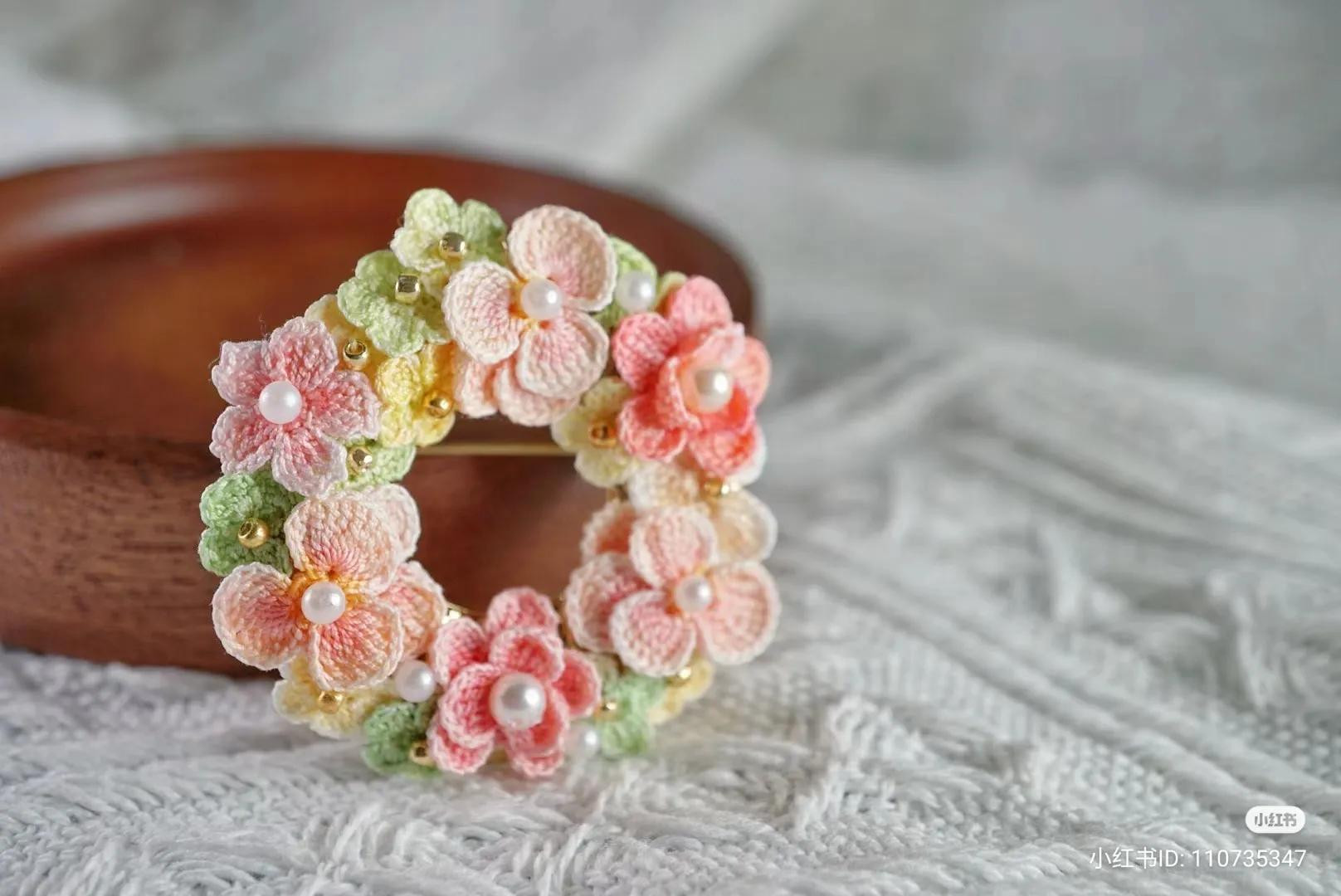 Hand-drawn crochet flower chart patterns with pearls