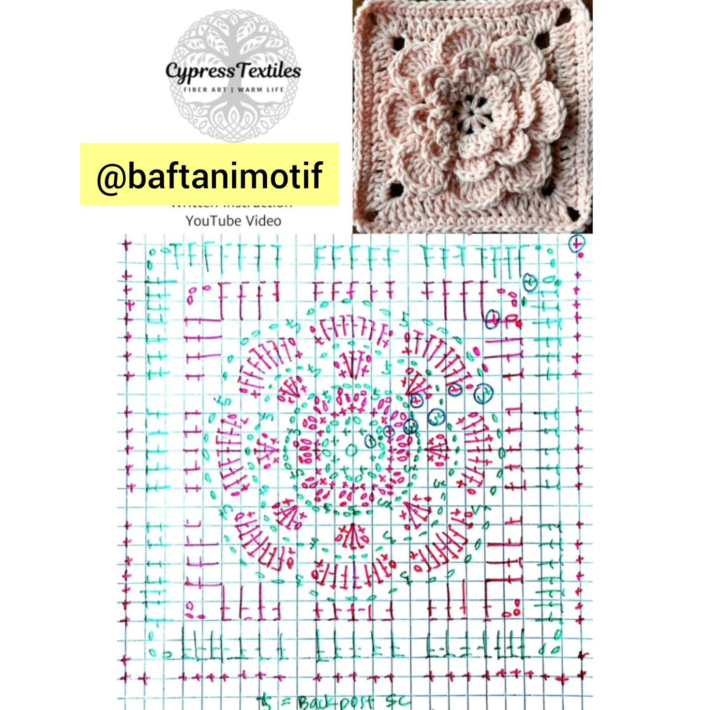 Hand-drawn Pink Flower Granny Square Crochet Chart Pattern