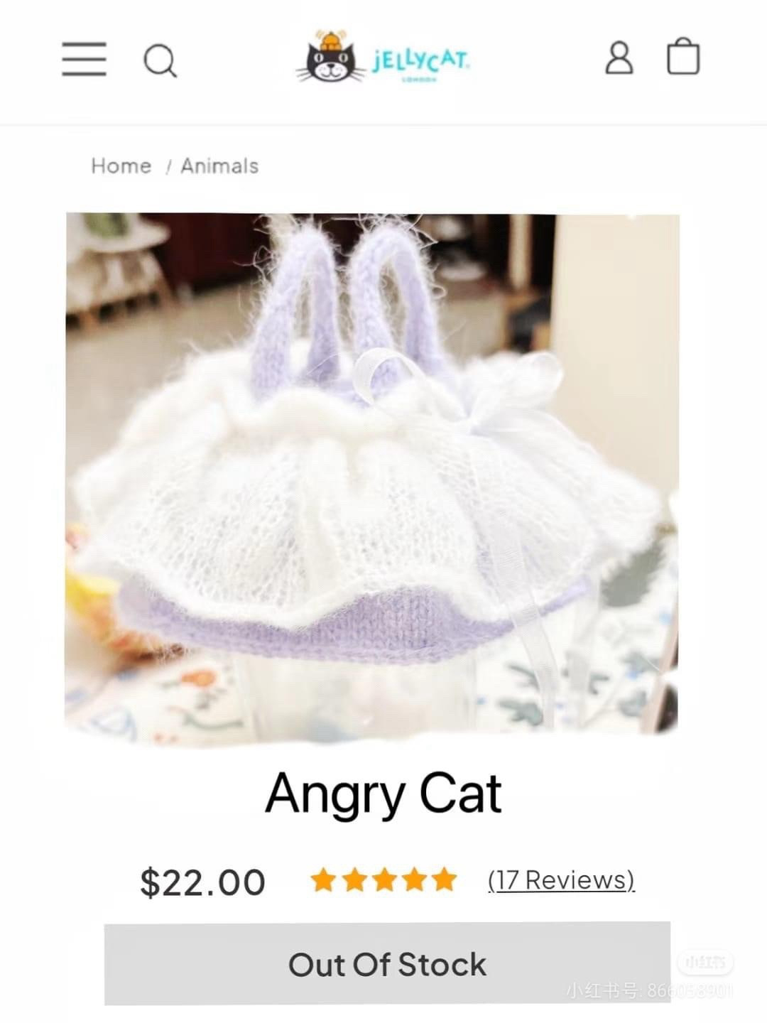 Hand-knitted Purple and White Flower Dress Pattern for Jellycat Angry Cat Doll