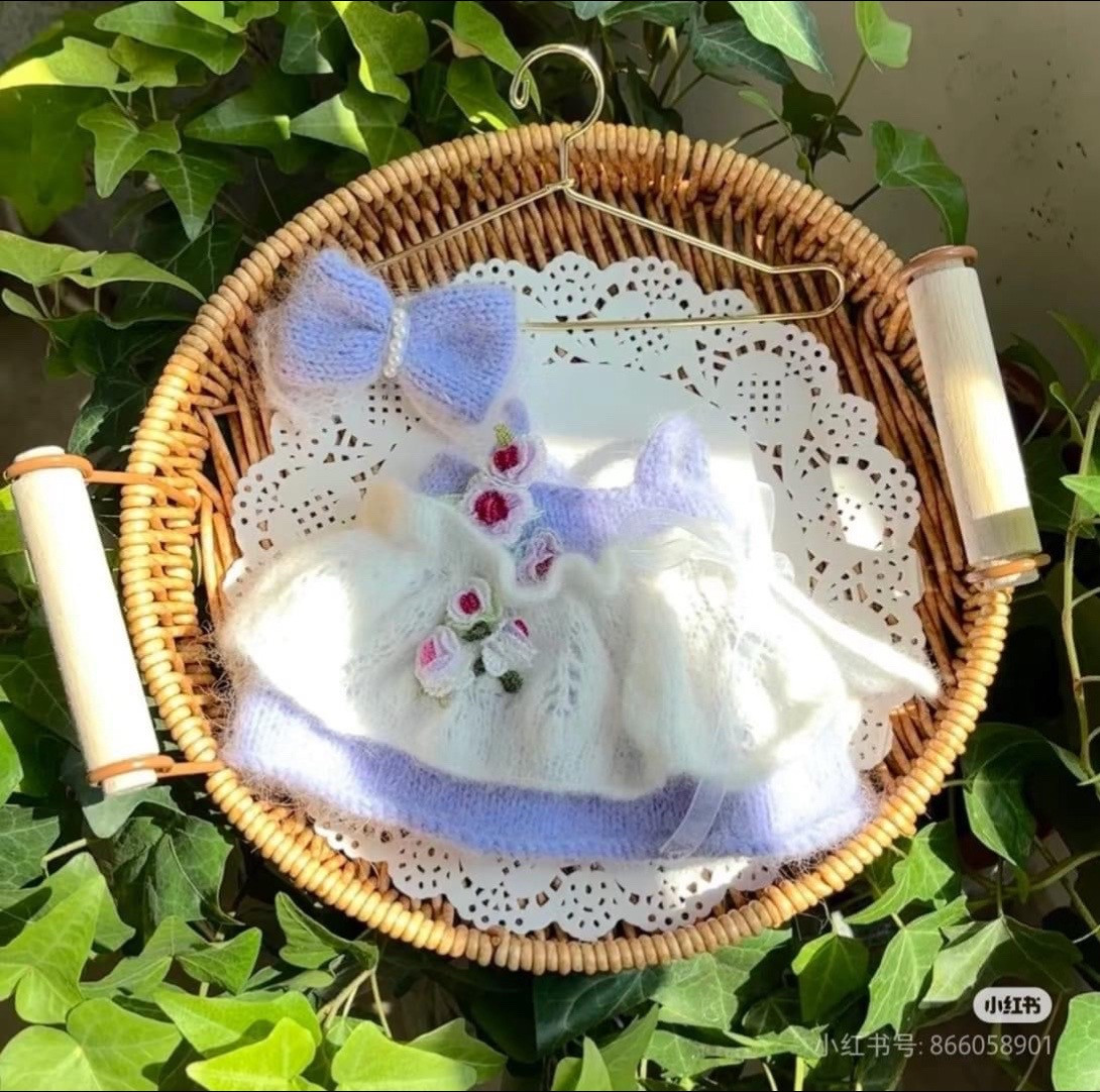 Hand-knitted Purple and White Flower Dress Pattern for Jellycat Angry Cat Doll