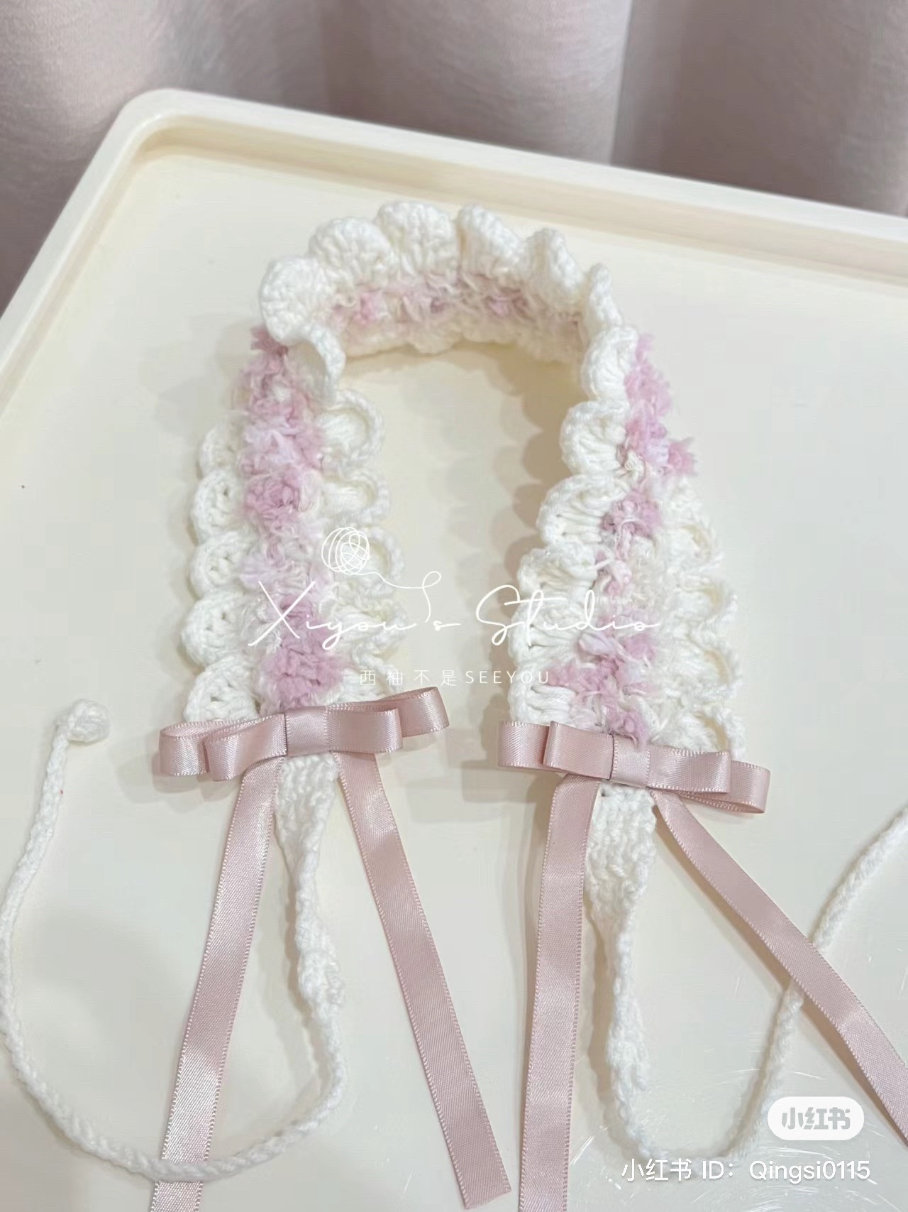Hand-spun yarn headband crochet tutorial pattern with pink ribbon
